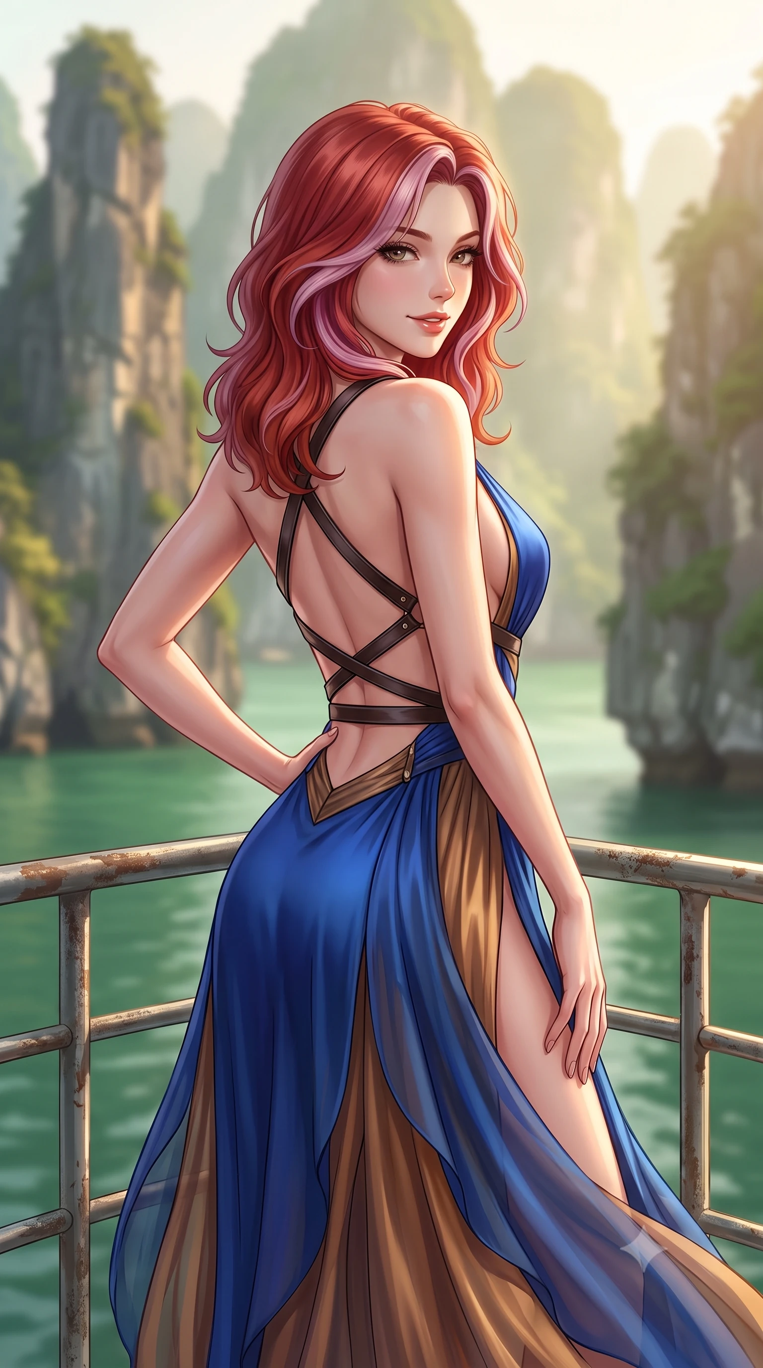 score_9, masterpiece, best quality, ultra-detailed, high-budget anime keyframe, semi-realistic 3D game render, editorial fashion photography, tasteful artistic composition, Caucasian woman. close-up cowboy shot from the waist and thighs up, the character dominates the composition, filling the frame with her large presence. turning over a bare shoulder with an intoxicating, teasing smile, her soft hair framing her sharp jawline as her hips angle gracefully while standing poised on the forward observation deck with one hand on her hip, her silk dress fluttering in the morning sea breeze as towering limestone pillars surround her. The composition keeps background elements in soft focus with creamy bokeh. towering jagged limestone karst pinnacles and jade green bay waters blurred into emerald, misty gold, and soft moss bokeh. She has an exceptionally elegant, slender, and willowy female figure with an ultra-slim waist, flat toned midriff, narrow ribcage, and sculpted feminine hips creating an alluring, slim hourglass silhouette without bulk. sharp v-shaped jawline, high-bridge nose, intricate jewel-like eyes with depth, thick eyelashes, glossy parted lips with a natural sheen, intensely captivating and seductive bedroom-eyes expression, flawlessly proportioned anatomical accuracy, strict slender model proportions, natural body alignment, perfectly sculpted long slender limbs, ultra-slim waistline, clean dynamic posture without body distortion. wearing a plunging-V neckline duchess satin gown with high side slits ascending to the high hip in royal sapphire blue and liquid bronze, woven from layered gossamer chiffon with a weightless sweeping drape, featuring an open-back criss-cross harness strap in dark leather, the liquid-tight tailored fabric clinging flawlessly to her narrow waist and rounded feminine hips, emphasizing every millimeter of her sculpted slim hourglass curves without any bulky heaviness. bathed in soft golden dawn sunlight filtering through sea mist between colossal limestone pillars. highly saturated vibrant anime colors, detailed shading with soft gradients, rich glossy textures, high-contrast stereoscopic depth, volumetric dynamic lighting, master piece, 9:16 ratio