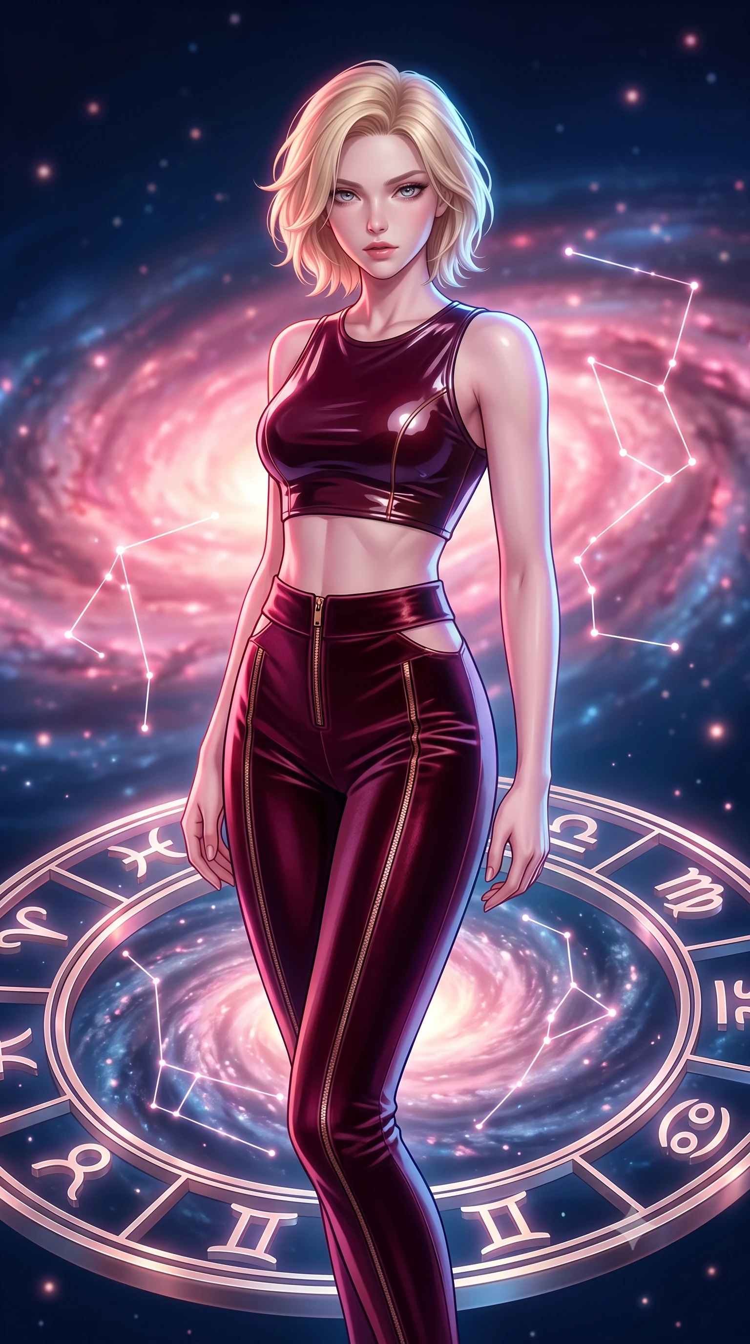 score_9, masterpiece, best quality, ultra-detailed, high-budget anime keyframe, editorial fashion photography, tasteful artistic composition, Caucasian woman. close-up cowboy shot from the waist and thighs up, the character dominates the composition, filling the frame with her large presence, background elements kept in soft focus. Leaning slightly forward with a composed, seductive gaze under soft glowing light standing on a floating zodiac dial beneath a swirling spiral nebula, glowing constellation lines tracing intricate patterns nearby. She has an exceptionally elegant, slender, and willowy female figure with an ultra-slim waist, a gracefully sculpted slender torso, and a refined silhouette. sharp v-shaped jawline, high-bridge nose, intricate jewel-like eyes with depth, thick eyelashes, glossy lips with a natural sheen. wearing a glossy vinyl crop top and high-waist tailored leggings with sleek zippers in deep burgundy and bronze, made of premium stretch velvet with a rich sheen, featuring subtle geometric cutouts that highlight her ultra-slim midriff, the tailored fabric tightly following every curve of her athletic build. bathed in radiant cosmic pink and deep navy blue ambient light. highly saturated vibrant anime colors, detailed shading with soft gradients, rich glossy textures, high-contrast stereoscopic depth, volumetric dynamic lighting, master piece, 9:16 ratio