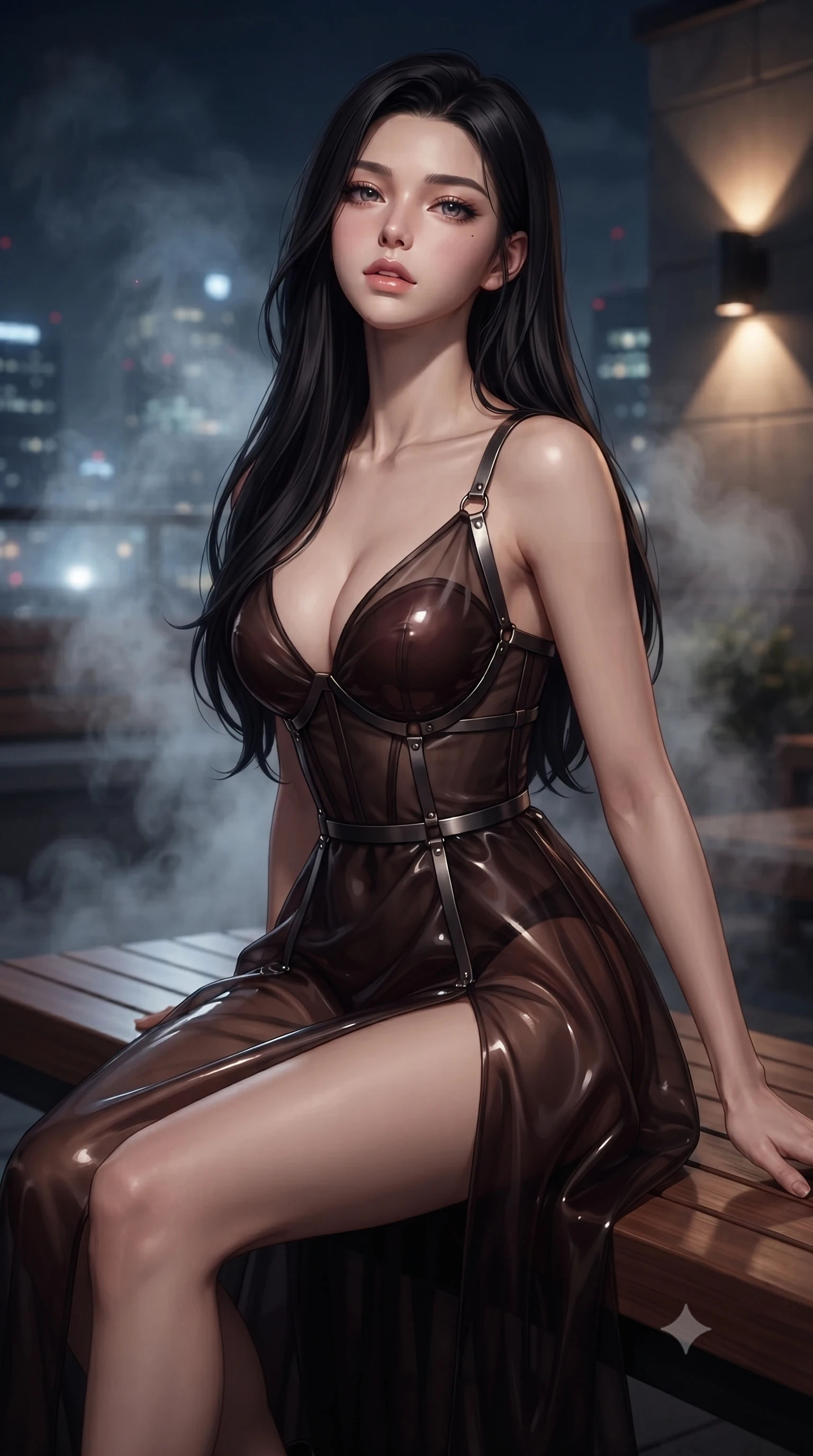 score_9, masterpiece, best quality, ultra-detailed, high-budget anime keyframe, editorial fashion photography, tasteful artistic composition, Korean woman. close-up cowboy shot from the waist and thighs up, the character dominates the composition, filling the frame with her large presence, background elements kept in soft focus. Tilting her chin up slightly with lips parted in a composed, magnetic expression, poised on a polished cedar bench as soft ambient steam swirls gracefully around her, graceful posture revealing an ultra-slim waistline and sculpted torso. She has an exceptionally elegant, slender, and willowy female figure with an ultra-slim waist, a gracefully sculpted slender torso, and a refined silhouette. sharp v-shaped jawline, high-bridge nose, intricate jewel-like eyes with depth, thick eyelashes, glossy lips with a natural sheen. wearing low-cut gothic structured bodice gown with high leg slit in dark mahogany, made of sheer dark organza overlay, highlighted by a gunmetal metallic harness structure, highlighting her statuesque proportions and ultra-slim waistline. lit by low-key sconce rays contrasting against cold misty city skyglow. ultra-reflective glossy finish, specular highlights, metallic sheen, high-contrast stereoscopic depth, volumetric dynamic lighting, 2k, ultra detail, master piece, 9:16 ratio