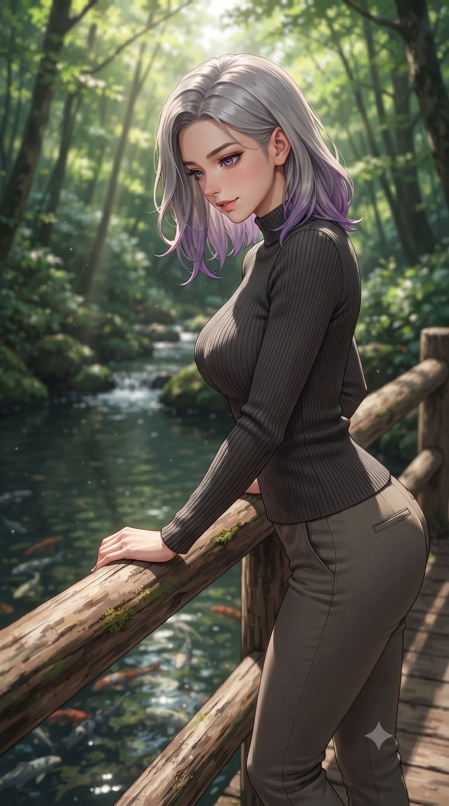score_9, masterpiece, best quality, ultra-detailed, high-budget anime keyframe, editorial fashion photography, tasteful artistic composition, Caucasian woman. close-up cowboy shot from the waist and thighs up, the character dominates the composition, filling the frame with her large presence, background elements kept in soft focus. gazing at the camera with a warm, lovely smile and cute, friendly eye contact set against a soft-focus background of next to a quiet forest pond fed by a cold mountain stream resting her hand on the wooden bridge railing, looking down at the fish. She has an exceptionally elegant, slender, and willowy female figure with an ultra-slim waist, a gracefully sculpted slender torso, and a refined silhouette. sharp v-shaped jawline, high-bridge nose, intricate jewel-like eyes with depth, thick eyelashes, glossy lips with a natural sheen. wearing body-hugging body-hugging ribbed knit sweater in charcoal, paired with slim-fit trousers. dappled sunbeams filtering through the dense green forest canopy. highly saturated vibrant anime colors, detailed shading with soft gradients, rich glossy textures, high-contrast stereoscopic depth, volumetric dynamic lighting, master piece, 9:16 ratio
