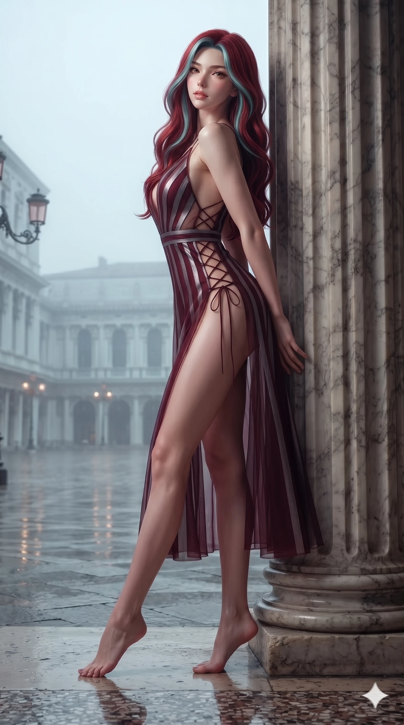 score_9, masterpiece, best quality, ultra-detailed, high-budget anime keyframe, editorial fashion photography, tasteful artistic composition, Caucasian woman. low angle full-body shot from head to toe showing her feet, filling the entire 9:16 vertical frame with her statuesque presence, stretching her vertical silhouette. executing a slow, graceful pivot turn as her silk wrap skirt sways around her slender legs, glancing back with an enchanting, teasing sensual expression while leaning against a fluted marble column with hips cocked back, gazing through the misty piazza with intoxicating, smoldering bedroom-eyes. The surrounding environment is rendered in vivid detail and crisp panoramic clarity: sharp fluted marble column chisel marks, polished terrazzo pavement reflections, and ornate wrought-iron lantern brackets in deep focus. She has an exceptionally tall and slender model-like 8.5-heads proportion, an ultra-slim waist, a flat toned midriff, narrow delicate ribcage, and beautifully sculpted feminine hips creating a graceful, slim hourglass silhouette without any bulky heaviness, with impossibly long slender legs. sharp v-shaped jawline, high-bridge nose, intricate jewel-like sparkling eyes with depth, thick eyelashes, glossy parted lips with a natural sheen, intensely captivating and seductive bedroom-eyes expression, exuding both youthful cute charm and sovereign luxury allure, flawlessly proportioned anatomical accuracy, strict slender model proportions, natural body alignment, perfectly sculpted long slender limbs, ultra-slim waistline, clean dynamic posture without body distortion. wearing a plunge-front sheer illusion tulle slip dress with liquid platinum ribbon stripes hugging her curves in deep wine burgundy and brushed dark platinum, made of sheer gossamer chiffon that drapes softly against skin with airy translucence, featuring fine criss-cross lace-up side ties revealing tantalizing glimpses of her hip curve, the form-contouring cut accentuating her sculpted flat midriff, narrow delicate ribcage, and gracefully curvy hips with intoxicating allure. illuminated by pavement reflection bounce and sharp gold-sapphire rim lights defining her razor-sharp jawline, narrow waist, and curvy hips. ultra-reflective glossy finish, specular highlights, rich textural contrasts, high-contrast stereoscopic depth, volumetric dynamic lighting, 2k, ultra detail, master piece, 9:16 ratio