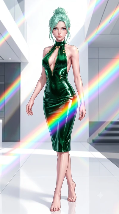 score_9, masterpiece, best quality, ultra-detailed, high-budget anime keyframe, semi-realistic 3D game render, editorial fashion photography, tasteful artistic composition, Japanese woman. low angle full-body shot from head to toe showing her feet, f
