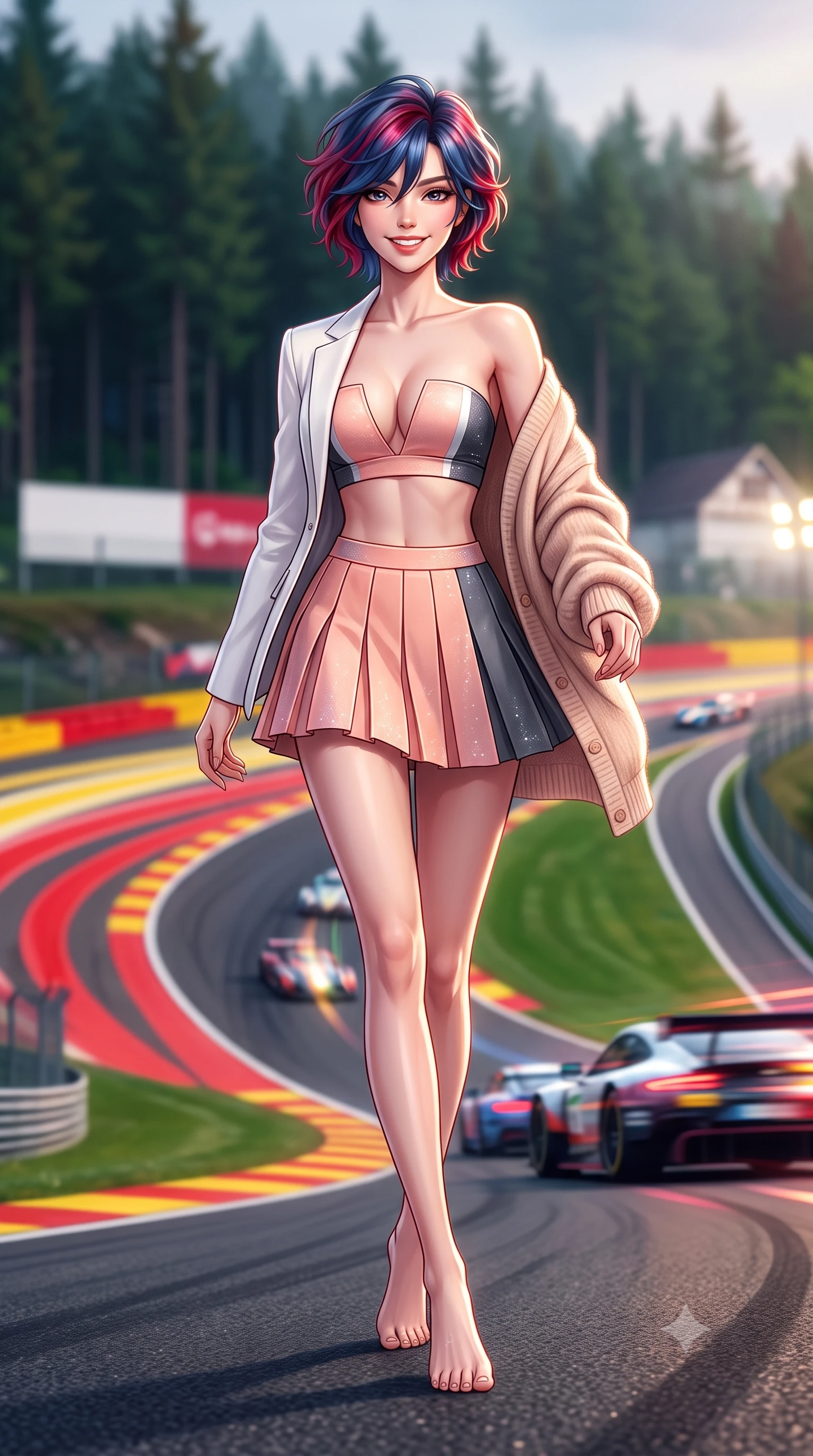 score_9, masterpiece, best quality, ultra-detailed, high-budget anime keyframe, semi-realistic 3D game render, editorial fashion photography, tasteful artistic composition, Korean woman. low angle full-body shot from head to toe showing her feet, filling the entire 9:16 vertical frame with her statuesque presence, stretching her vertical silhouette. stepping forward gracefully across the paddock tarmac in mid-motion with a radiant beaming smile, hips swaying in an alluring kinetic rhythm that accentuates her curvy hourglass silhouette and long slender legs while twisting her slender torso in an alluring S-curve as race cars compress through the legendary corner, wind sculpting her suit to her curves. The background shows a soft-focus the iconic curving red-and-yellow Eau Rouge curbs and towering pine-covered Ardennes hills blurred into forest green, crimson, and mist bokeh. She has an absolutely perfect, statuesque 8.5-heads proportion, an exceptionally tall and slender model-like female figure with impossibly long slender legs, an ultra-slim waist, a flat toned midriff, narrow delicate ribcage, and beautifully sculpted feminine hips creating a graceful, slim hourglass silhouette without any bulky heaviness. sharp v-shaped jawline, high-bridge nose, sparkling eyes with athletic focus and depth, thick curled eyelashes, glossy parted lips with a natural coral-peach sheen, bright confident and coquettish smile with alluring bedroom-eyes, exuding both youthful sporty vigor and sovereign high-society glamour, flawlessly proportioned anatomical accuracy, strict slender model proportions, natural body alignment, perfectly sculpted long slender limbs, ultra-slim waistline, clean dynamic posture without body distortion. wearing a tailored white blazer worn open over a plunging racing bandeau top and pleated tennis micro-skirt in pastel peach blossom and matte carbon grey, woven from metallic lurex and technical nylon with subtle starlight glints, complemented by an oversized cashmere knit cardigan slipping off one bare shoulder, the form-fitting tailored bodice adhering flawlessly to her sculpted flat midriff and slender torso, emphasizing her long leg lines and perfectly proportioned willowy build. illuminated by track reflections and sharp crystalline rim lights carving her razor-sharp jawline, narrow waist, and curvy hips. highly saturated vibrant anime colors, detailed shading with soft gradients, rich glossy textures, high-contrast stereoscopic depth, volumetric dynamic lighting, master piece, 9:16 ratio