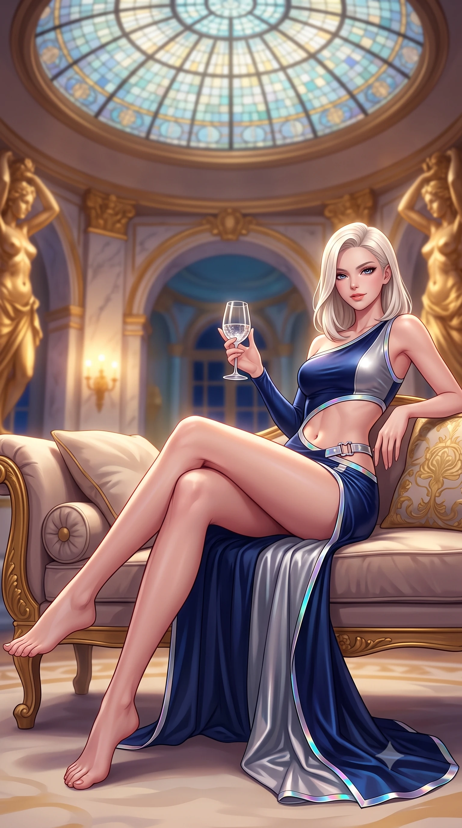 score_9, masterpiece, best quality, ultra-detailed, high-budget anime keyframe, semi-realistic 3D game render, editorial fashion photography, tasteful artistic composition, Caucasian woman. low angle full-body shot from head to toe showing her feet, filling the entire 9:16 vertical frame with her statuesque presence, stretching her vertical silhouette. reclining gracefully across the plush chaise lounge with one leg extended, her sculpted silhouette and flat midriff radiating magnetic nocturnal glamour while lounging gracefully across a gilded settee with legs crossed, holding a crystal glass with sovereign Parisian poise. The background shows a soft-focus circular glass mosaic ceiling dome, gilded sculptured figures, and marble arches blurred into gold, azure, and rose-quartz bokeh. She has an absolutely perfect, statuesque 8.5-heads proportion, an exceptionally tall and slender model-like female figure with impossibly long slender legs, an ultra-slim waist, a flat toned midriff, narrow delicate ribcage, and beautifully sculpted feminine hips creating a graceful, slim hourglass silhouette without any bulky heaviness. sharp v-shaped jawline, high-bridge nose, sparkling eyes with hypnotic seductive depth, thick curled eyelashes, glossy parted lips with a natural dewy peach sheen, alluring bedroom-eyes with an enchanting coquettish smile, exuding magnetic siren charisma and sophisticated glamour, flawlessly proportioned anatomical accuracy, strict slender model proportions, natural body alignment, perfectly sculpted long slender limbs, ultra-slim waistline, clean dynamic posture without body distortion. wearing an asymmetric one-shoulder liquid jersey dancer gown with dramatic hip-high slit and waist cutout in deep sapphire navy and metallic silver with holographic trims, woven from buttery-soft stretch lambskin leather adhering to her body like a second skin, accented with a quick-release tactical chrome buckle harness resting snugly across her hips, the precision-cut side openings and low-back scoop framing her graceful spine and the sensual sweep of her slim, toned hips. bathed in warm 2800K gilded sconce radiance reflecting off gold leaf and mosaic glass. highly saturated vibrant anime colors, detailed shading with soft gradients, rich glossy textures, high-contrast stereoscopic depth, volumetric dynamic lighting, master piece, 9:16 ratio