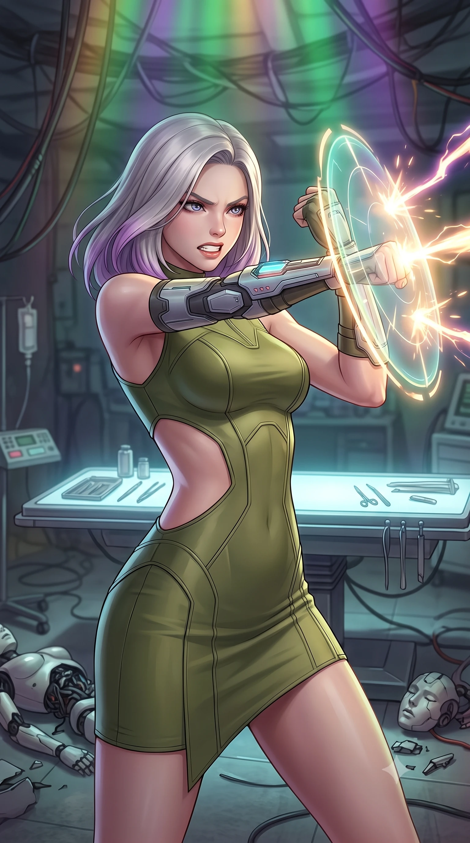 score_9, masterpiece, best quality, ultra-detailed, high-budget anime keyframe, editorial fashion photography, tasteful artistic composition, Caucasian woman, strictly human ears. close-up cowboy shot from the waist and thighs up, the character dominates the composition, filling the frame with her large presence, background elements kept in soft focus. Deflecting incoming plasma bolts with a glowing energy shield attached to her forearm, teeth grit in determination. set against a soft-focus background of a cluttered underground cyberware clinic, wires hanging from the ceiling and broken android arms scattered near a glowing operating table. She has an exceptionally elegant and slender, willowy female figure with an ultra-slim waist, a gracefully sculpted slender torso, and a refined slim physique. sharp v-shaped jawline, high-bridge nose, intricate jewel-like eyes with depth, thick eyelashes, glossy lips with a natural sheen. wearing tailored for maximum mobility, sleek form-contouring panels that allow fluid movement, a tailored bodycon mini dress in olive green, featuring a side cut-out at the waist and an asymmetric hem. highly saturated vibrant anime colors, intense vivid color palette, soft 3D volumetric shading, volumetric dynamic lighting, illuminated by a shifting aurora palette of green violet and gold from above. 2k, ultra detail, master piece, 9:16 ratio