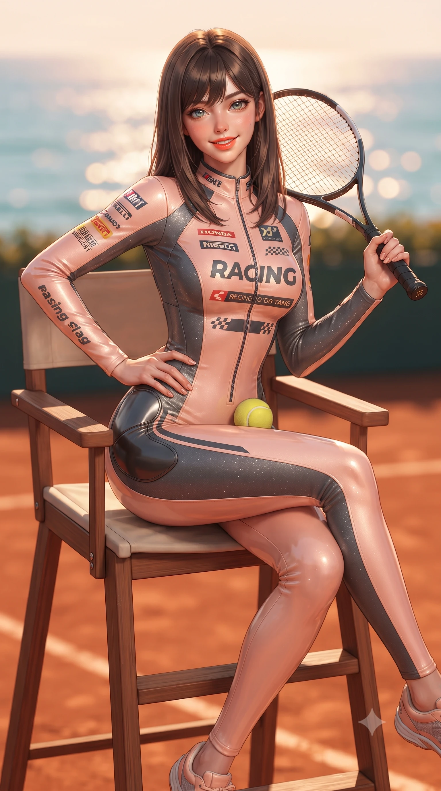 score_9, masterpiece, best quality, ultra-detailed, high-budget anime keyframe, editorial fashion photography, tasteful artistic composition, Korean woman. close-up cowboy shot from the waist and thighs up, the character dominates the composition, filling the frame with her large presence. twisting her slender torso in an alluring contrapposto stance, one hand resting on her sculpted hip while holding a tennis racket with effortless poise while sitting gracefully on the clay court umpire chair with legs crossed, holding a tennis ball while flashing a playful, teasing smile with glossy lips. The background shows a soft-focus the vibrant terracotta red clay tennis courts and the sapphire Mediterranean Sea blurred into rich ochre, azure, and rose-gold bokeh. She has an exceptionally elegant, slender, and willowy female figure with an ultra-slim waist, flat toned midriff, narrow ribcage, and sculpted feminine hips creating an alluring, slim hourglass silhouette without bulk. sharp v-shaped jawline, high-bridge nose, sparkling eyes with athletic focus and depth, thick curled eyelashes, glossy parted lips with a natural coral-peach sheen, bright confident and coquettish smile with alluring bedroom-eyes, exuding both youthful sporty vigor and sovereign high-society glamour, flawlessly proportioned anatomical accuracy, strict slender model proportions, natural body alignment, perfectly sculpted long slender limbs, ultra-slim waistline, clean dynamic posture without body distortion. wearing a second-skin compression stretch racing catsuit with racing team sponsor graphics and sculpted carbon hip guards in pastel peach blossom and matte carbon grey, woven from metallic lurex and technical nylon with subtle starlight glints, finished with contrasting racing stripe tape and subtle checkered flag embroidery, the glove-like aerodynamic silhouette tightly following the natural contour of her hips and long slender legs with youthful 8.5-heads elegance. illuminated by clay bounce warmth and sharp amber rim lighting defining her sculpted collarbones, ultra-slim waist, and curvy hips. ultra-reflective glossy finish, specular highlights, rich textural contrasts, high-contrast stereoscopic depth, volumetric dynamic lighting, 2k, ultra detail, master piece, 9:16 ratio