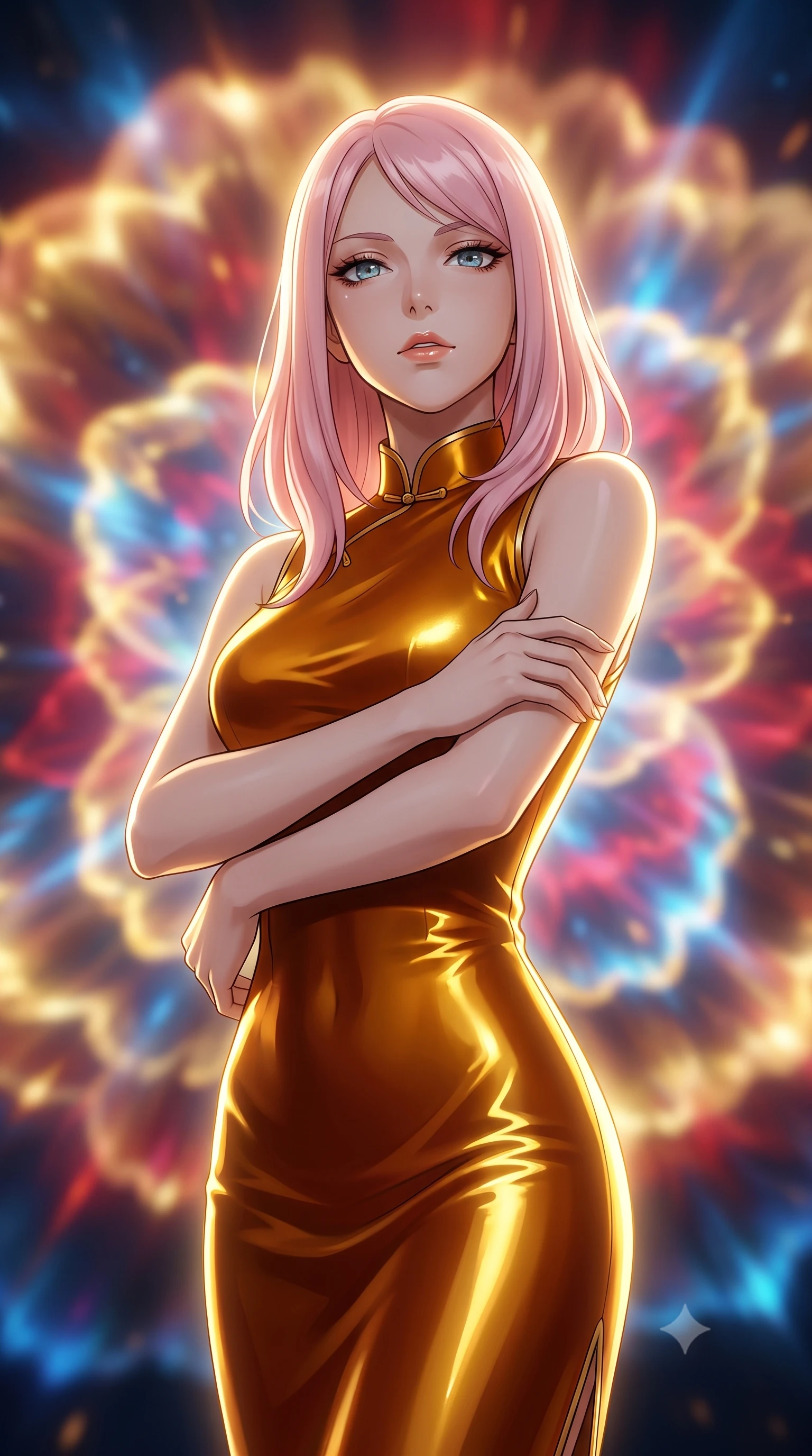score_9, masterpiece, best quality, ultra-detailed, high-budget anime keyframe, editorial fashion photography, tasteful artistic composition, Japanese woman. close-up cowboy shot from the waist and thighs up, the character dominates the composition, filling the frame with her large presence, background elements kept in soft focus. Crossing her arms with serene confidence and chin slightly raised. set against a soft-focus background of witnessing the controlled explosion of a dying star whose energy releases in breathtaking slow-motion petals of pure light each layer peeling away in expanding shells of gold crimson and electric blue. She has an exceptionally elegant and slender, willowy female figure with an ultra-slim waist, a gracefully sculpted slender torso, and a refined slim physique. sharp v-shaped jawline, high-bridge nose, intricate jewel-like eyes with depth, thick eyelashes, glossy lips with a natural sheen. wearing a form-contouring qipao-inspired midi dress in liquid amber silk with a mandarin collar, catching gold reflections along her curves. dramatic backlight creating a radiant halo effect around her entire silhouette. 2k, ultra detail, master piece, 9:16 ratio