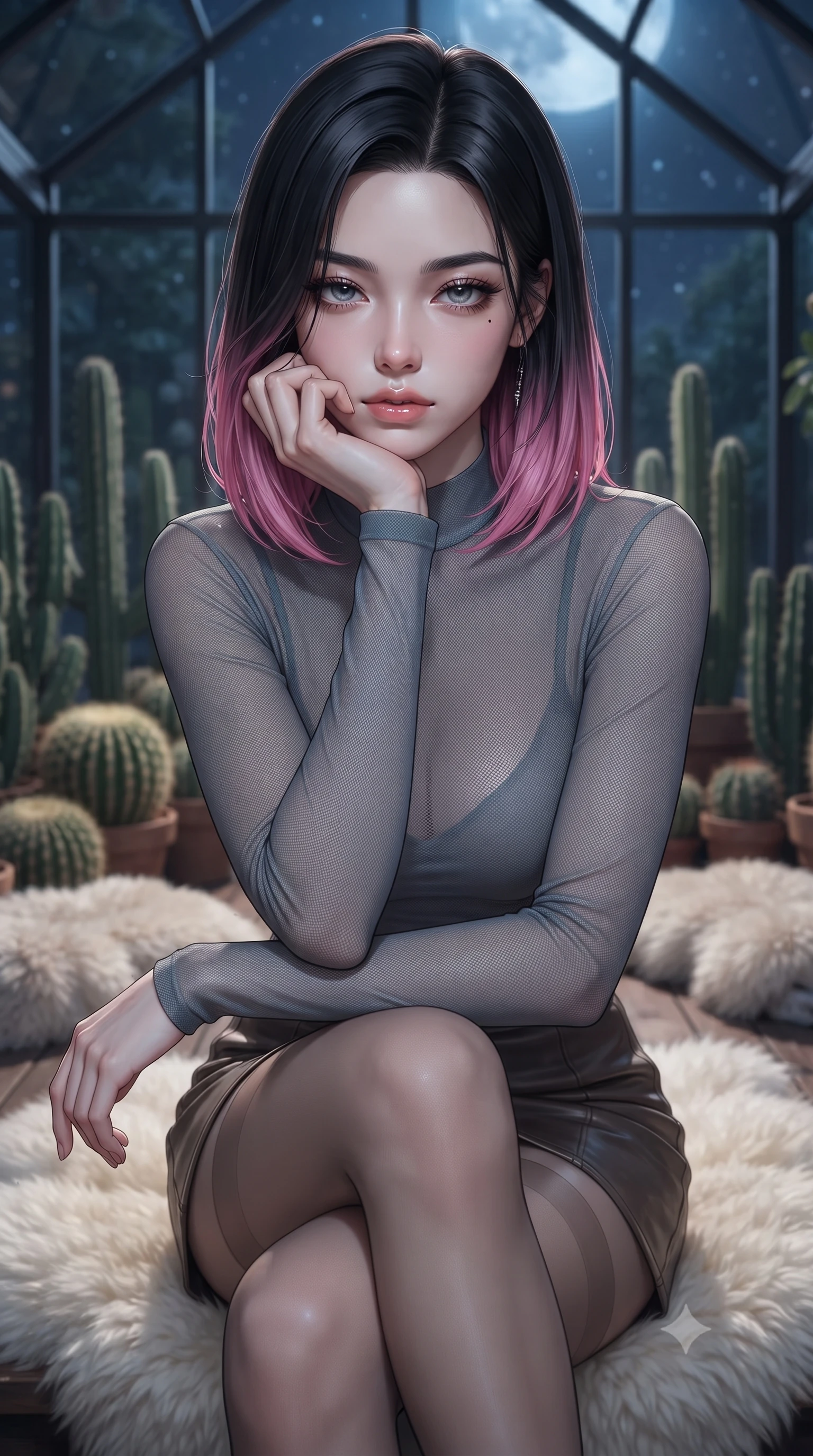 score_9, masterpiece, best quality, ultra-detailed, high-budget anime keyframe, editorial fashion photography, tasteful artistic composition, Korean woman. close-up cowboy shot from the waist and thighs up, the character dominates the composition, filling the frame with her large presence, background elements kept in soft focus. resting her chin on the backs of her fingers, casting a heavy-lidded, sultry look past the camera the background shows a soft-focus a glass-walled observatory filled with cacti and plush sheepskin rugs at night. She has an exceptionally elegant, slender, and willowy female figure with an ultra-slim waist, a gracefully sculpted slender torso, and a refined silhouette. sharp v-shaped jawline, high-bridge nose, intricate jewel-like eyes with depth, thick eyelashes, glossy lips with a natural sheen. wearing a tailored semi-transparent mesh top in slate grey, paired with a leather mini skirt and sheer stockings. soft silver moonlight wrapping her silhouette in a cool cosmic glow. ultra-reflective glossy finish, specular highlights, metallic sheen, high-contrast stereoscopic depth, volumetric dynamic lighting, 2k, ultra detail, master piece, 9:16 ratio