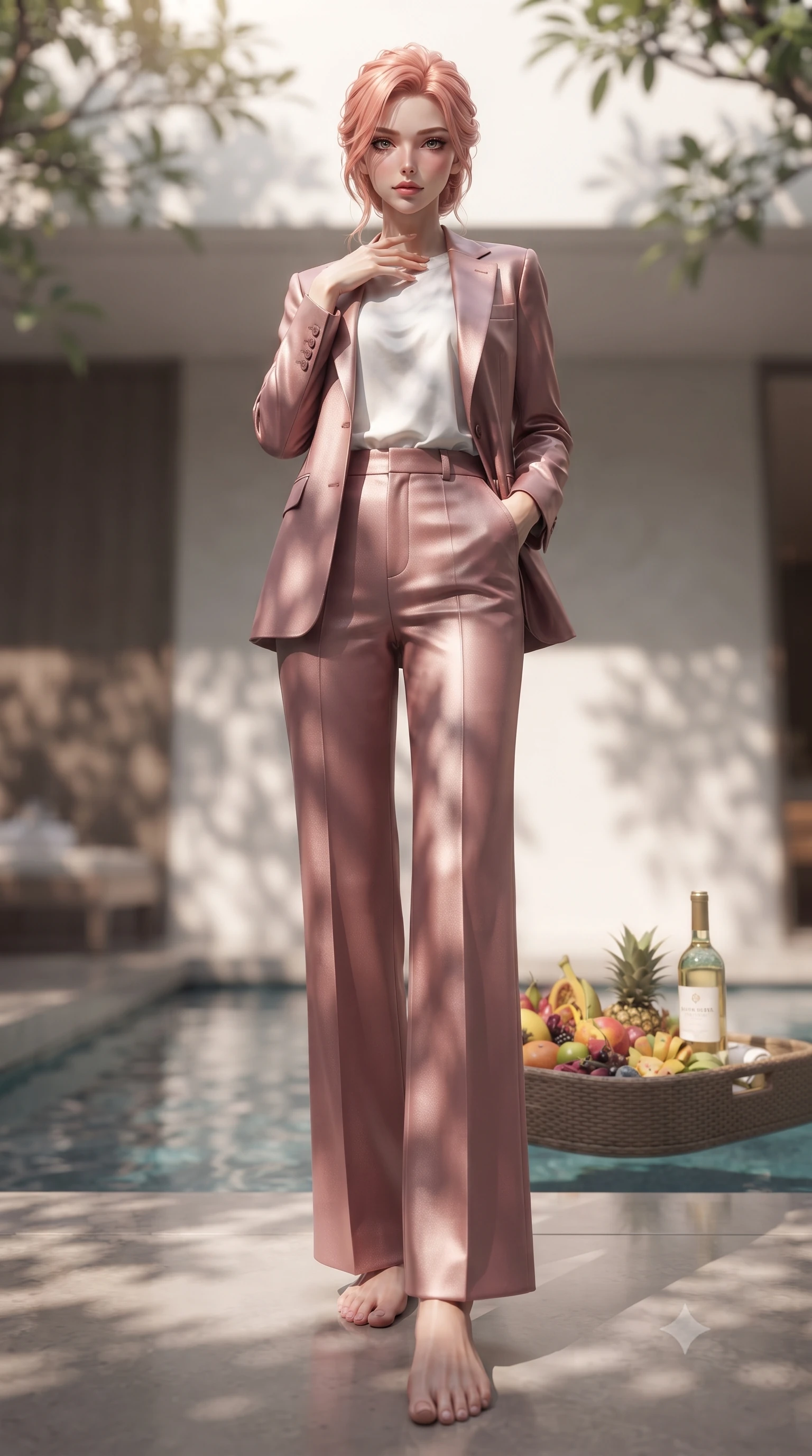 score_9, masterpiece, best quality, ultra-detailed, high-budget anime keyframe, editorial fashion photography, tasteful artistic composition, Japanese woman. low angle full-body shot from head to toe showing her feet, filling the entire 9:16 vertical frame with her statuesque presence, stretching her vertical silhouette. posing cutely yet provocatively, resting one hand against her collarbone while gazing deeply into the lens set against a soft-focus background of inside an exclusive vanity suite with a floating pool tray of tropical fruits and chilled wine in soft focus. She has an absolutely perfect, statuesque 8.5-heads proportion, an exceptionally tall and slender model-like female figure with impossibly long slender legs and an ultra-slim waist. sharp v-shaped jawline, high-bridge nose, intricate jewel-like eyes with depth, thick eyelashes, glossy lips with a natural sheen. wearing tailored dusty rose liquid satin tailored casual blazer paired with a loose tee and wide-leg trousers featuring refined tailored seams. highlighted by dappled sunlight filtering through leafy branches, creating soft organic patterns. ultra-reflective glossy finish, specular highlights, metallic sheen, high-contrast stereoscopic depth, volumetric dynamic lighting, 2k, ultra detail, master piece, 9:16 ratio