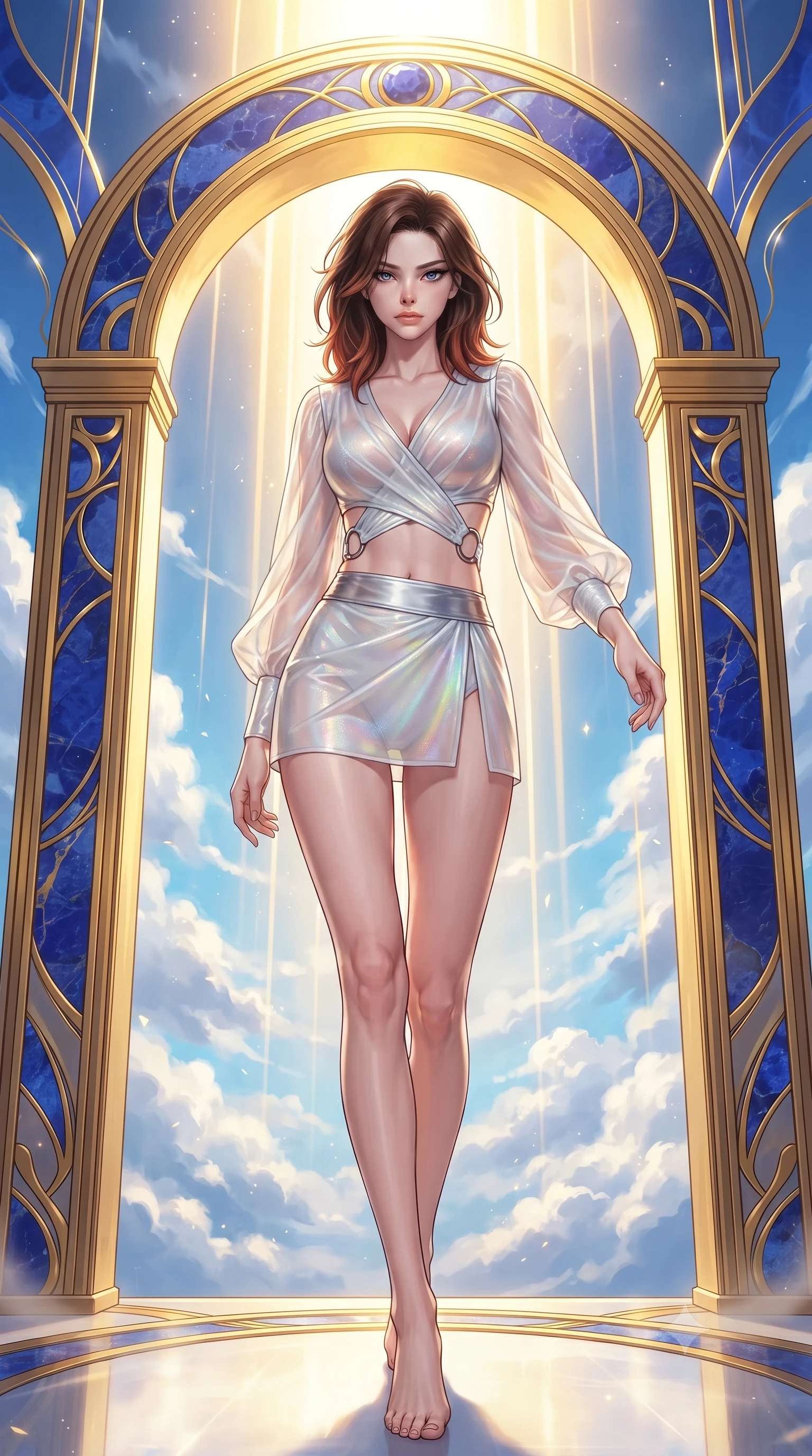 score_9, masterpiece, best quality, ultra-detailed, high-budget anime keyframe, editorial fashion photography, tasteful artistic composition, Korean woman. low angle full-body shot from head to toe showing her feet, filling the entire 9:16 vertical frame with her statuesque presence, stretching her vertical silhouette. striding forward in a proud, statuesque motion with a dangerous smolder, her vertical silhouette dominating the frame from head to toe while arching her spine in a fluid zero-gravity vault through a celestial gold arch catching brilliant high-noon sun. The surrounding environment is rendered in vivid detail and crisp panoramic clarity. intricate lapis lazuli gemstone veins, polished pure gold inlay patterns, and sharp cloud formations in deep focus. She has an absolutely perfect, statuesque 8.5-heads proportion, an exceptionally tall and slender model-like female figure with impossibly long slender legs, a toned flat midriff, and an ultra-slim waist. sharp v-shaped jawline, high-bridge nose, intricate jewel-like eyes with depth, thick eyelashes, glossy lips with a natural sheen, flawlessly proportioned anatomical accuracy, strict slender model proportions, natural body alignment, perfectly sculpted long slender limbs, ultra-slim waistline, clean dynamic posture without body distortion. wearing a shortened cyber-fusion wrap top with transparent chiffon panels, a deep crossover neckline, and a high-waisted metallic sash that accentuates her ultra-slim waist in glistening liquid pearl white with rainbow opalescence, tailored from semi-translucent cybernetic vinyl with glowing micro-filaments, detailed with polished silver rings connecting the daring side-waist cutouts, the glove-like aerodynamic second-skin fit tightly clinging to her ultra-slender waist and athletic curves without adding bulk, accentuating her razor-sharp statuesque lines and slim hourglass silhouette. bathed in intense vertical golden sunbursts and rich sky-blue ambient bounce light. ultra-reflective glossy finish, specular highlights, metallic sheen, high-contrast stereoscopic depth, volumetric dynamic lighting, 2k, ultra detail, master piece, 9:16 ratio