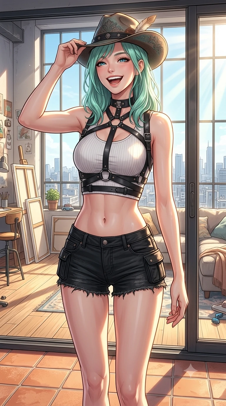 score_9, masterpiece, best quality, ultra-detailed, high-budget anime keyframe, vibrant anime aesthetic, Japanese woman. cowboy shot from the thighs up, character and outfit filling the frame for maximum presence. She is laughing cheerfully while adjusting her hat in the bright afternoon sun inside a loft apartment overlooking the skyline (Code-P20-117). She has an absolutely perfect 8-heads proportion, an exceptionally tall and slender female figure with impossibly long slender legs and an ultra-slim waist. V-shaped jawline, high-bridge nose, intricate jewel-like eyes with depth, thick eyelashes, glossy lips with a natural sheen. wearing a harness over crop top exposing bare midriff and micro-shorts. She is bright sunbeams casting soft highlights on her athletic form at the terrace. 2k, ultra detail, master piece, 9:16 ratio