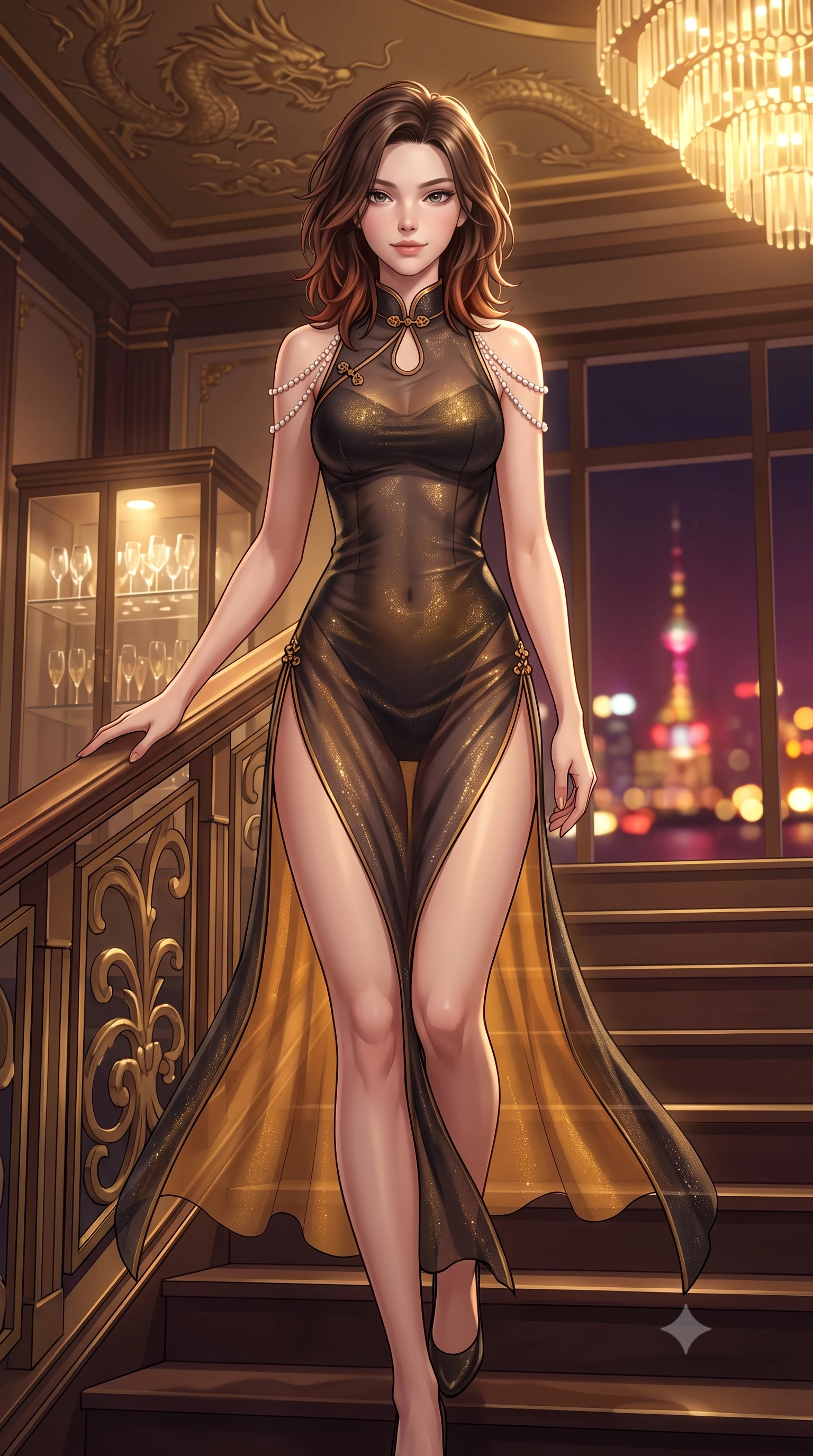 score_9, masterpiece, best quality, ultra-detailed, high-budget anime keyframe, semi-realistic 3D game render, editorial fashion photography, tasteful artistic composition, Korean woman. close-up cowboy shot from the waist and thighs up, the character dominates the composition, filling the frame with her large presence. leaning back against the balustrade with relaxed seductive grace, head tilted back slightly while casting a hypnotic, heavy-lidded gaze while walking slowly down the grand private staircase with tall poised strides, evening breezes molding her sheer gown to her hourglass curves. The background shows a soft-focus gilded plaster dragon bas-reliefs on ceilings, rows of crystal champagne coupes on backlit glass shelves, and moonlit Bund windows blurred into gold, bordeaux, and amber bokeh. She has an exceptionally elegant, slender, and willowy female figure with an ultra-slim waist, flat toned midriff, narrow ribcage, and sculpted feminine hips creating an alluring, slim hourglass silhouette without bulk. sharp v-shaped jawline, high-bridge nose, intricate jewel-like sparkling eyes with depth, thick eyelashes, glossy parted lips with a natural peach sheen, bright cheerful beaming smile with an enchanting and coquettish sensual glint, exuding both youthful cute charm and seductive allure, flawlessly proportioned anatomical accuracy, strict slender model proportions, natural body alignment, perfectly sculpted long slender limbs, ultra-slim waistline, clean dynamic posture without body distortion. wearing a provocative sheer silk organza modern qipao dress with dramatic hip-high side slits and translucent mesh frog-button bodice in Hakone steaming sulfur amber and volcanic basalt black, woven from stretch metallic lurex jersey casting radiant starlight glints across her curves, accented with a pearl-drop body harness subtly framing her dewy collarbones and spine, the form-contouring silhouette accentuating her sculpted flat midriff, narrow delicate ribcage, and gracefully curvy hips with intoxicating allure. bathed in the opulent golden 2600K radiance of multi-tiered Art Deco chandeliers dimmed to an intimate evening glow. highly saturated vibrant anime colors, detailed shading with soft gradients, rich glossy textures, high-contrast stereoscopic depth, volumetric dynamic lighting, master piece, 9:16 ratio