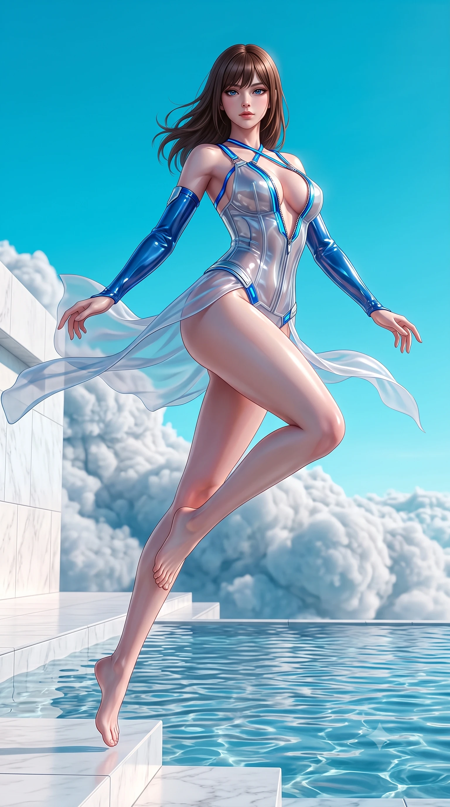 score_9, masterpiece, best quality, ultra-detailed, high-budget anime keyframe, semi-realistic 3D game render, editorial fashion photography, tasteful artistic composition, Korean woman. low angle full-body shot from head to toe showing her feet, filling the entire 9:16 vertical frame with her statuesque presence, stretching her vertical silhouette. leaping through mid-air with an athletic yet alluring arch of her spine, her impossibly long slender legs stretched in flawless poise while arching her spine gracefully as high-altitude breezes flutter her silk wrap under a cloudless turquoise sky. The surrounding environment is rendered in vivid detail and crisp panoramic clarity. crisp architectural white quartz tiles, infinity pool water ripples, and billowing cloud bank textures in deep focus. She has an absolutely perfect, statuesque 8.5-heads proportion, an exceptionally tall and slender model-like female figure with impossibly long slender legs, a toned flat midriff, and an ultra-slim waist. sharp v-shaped jawline, high-bridge nose, intricate jewel-like eyes with depth, thick eyelashes, glossy lips with a natural sheen, flawlessly proportioned anatomical accuracy, strict slender model proportions, natural body alignment, perfectly sculpted long slender limbs, ultra-slim waistline, clean dynamic posture without body distortion. wearing a translucent cybernetic corset in semi-opaque structured vinyl, combined with detached sleeves and a deep-plunging neckline secured by glowing micro-straps in liquid electric cobalt blue and polished silver, formed from high-gloss patent material with specular light reflections, featuring a dangerously unzipped neckline framed by glowing cybernetic accents, the sleek second-skin cut tightly hugging her graceful clavicle, narrow waist, and feminine curves with athletic precision. surrounded by an exhilarating, elevated, and radiantly sensual cloud-palace aura. highly saturated vibrant anime colors, detailed shading with soft gradients, rich glossy textures, high-contrast stereoscopic depth, volumetric dynamic lighting, master piece, 9:16 ratio
