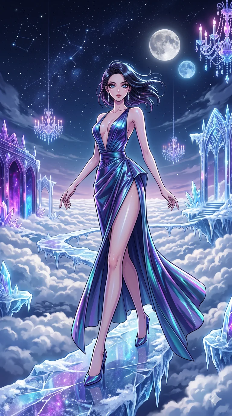 score_9, masterpiece, best quality, ultra-detailed, high-budget anime movie keyframe, cinematic anime lighting, intricate line art, Korean anime girl. Dynamic full-body shot stretching the vertical silhouette across the 9:16 frame. navigating a sea of clouds in a frozen starlight ballroom under a twin-moon sky. She has an absolutely perfect 8-heads proportion, an exceptionally tall and slender female figure with an ultra-slim waist and impossibly long slender legs. sharp v-shaped jawline, high-bridge nose, intricate jewel-like eyes, thick eyelashes, glossy lips. Wearing avant-garde high-fashion gown made of iridescent vinyl with a dangerously high side slit and a plunging neckline, revealing an ultra-slim waist and long slender legs. The scene is illuminated by dramatic atmospheric lighting and vibrant color palettes. 2k, ultra detail, master piece, 9:16 ratio