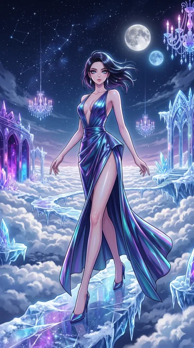 score_9, masterpiece, best quality, ultra-detailed, high-budget anime movie keyframe, cinematic anime lighting, intricate line art, Korean anime girl. Dynamic full-body shot stretching the vertical silhouette across the 9:16 frame. navigating a sea o