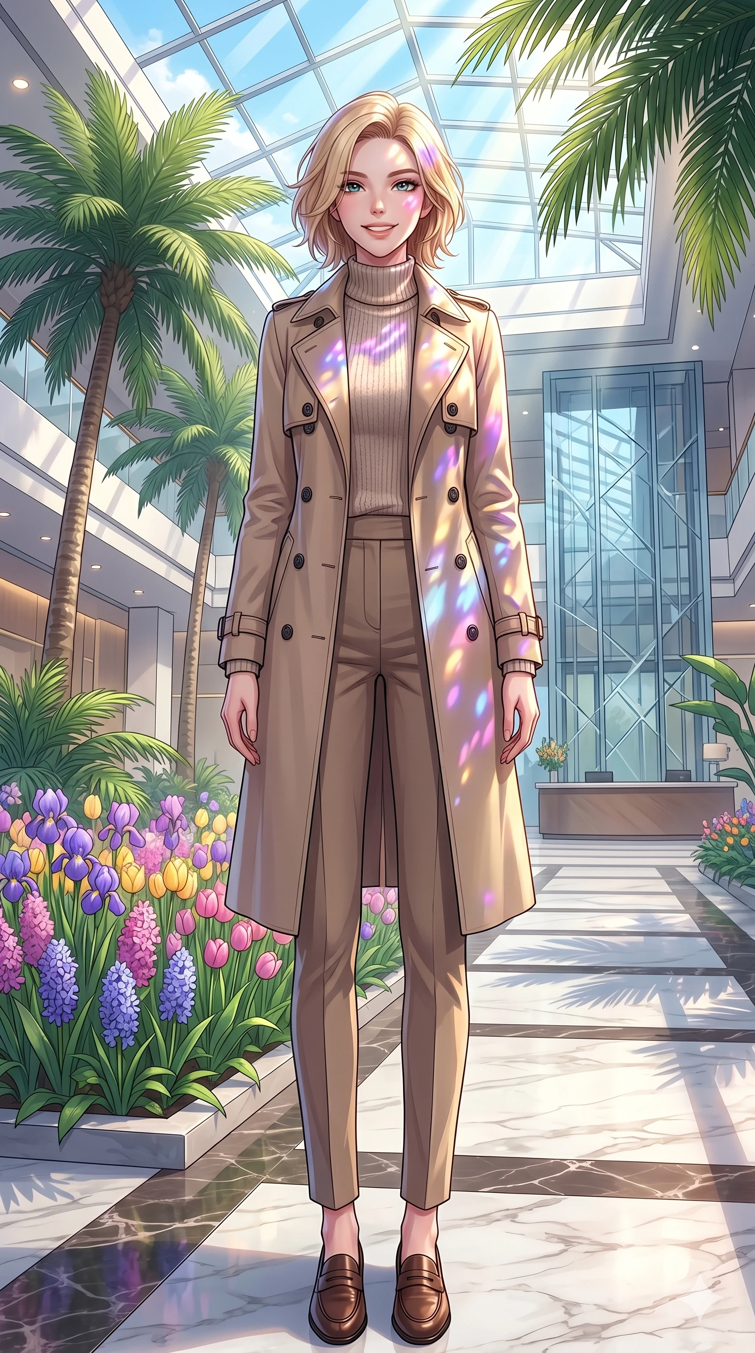 score_9, masterpiece, best quality, ultra-detailed, high-budget anime keyframe, vibrant anime aesthetic, Caucasian woman, strictly human ears. low angle full-body shot from head to toe showing her feet, filling the entire 9:16 vertical frame with her statuesque presence, stretching her vertical silhouette. She is standing proud and tall, her face lit by a warm, lively smile of confidence by a modern resort lobby with a large indoor palm garden and bright skylight (Code-P20-021). She has an absolutely perfect 8-heads proportion, an exceptionally tall and slender female figure with impossibly long slender legs and an ultra-slim waist. V-shaped jawline, high-bridge nose, intricate jewel-like eyes with depth, thick eyelashes, glossy lips with a natural sheen. wearing a classic beige trench coat over a high-neck knit and trousers. She is lit by bright sunbeams reflecting off spring flowers, casting colorful highlights. 2k, ultra detail, master piece, 9:16 ratio