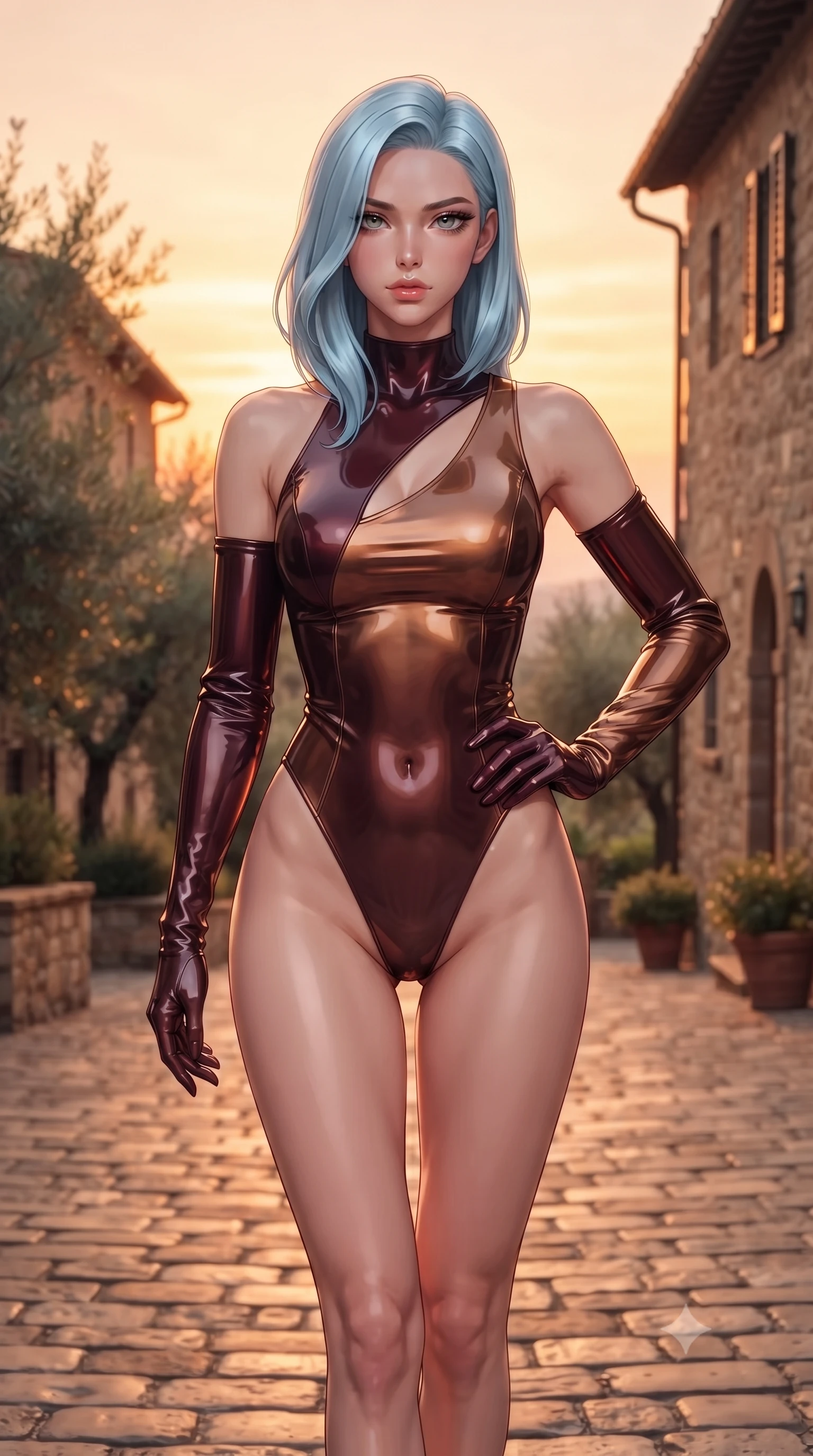 score_9, masterpiece, best quality, ultra-detailed, high-budget anime keyframe, editorial fashion photography, tasteful artistic composition, Korean woman. close-up cowboy shot from the waist and thighs up, the character dominates the composition, filling the frame with her large presence, background elements kept in soft focus. Smiling with quiet, magnetic self-assurance directly into the lens walking down a cobblestone alley in a Tuscan hilltop villa surrounded by olive trees, warm golden evening light painting the horizon in peach and amber tones. She has an exceptionally elegant, slender, and willowy female figure with an ultra-slim waist, a gracefully sculpted slender torso, and a refined silhouette. sharp v-shaped jawline, high-bridge nose, intricate jewel-like eyes with depth, thick eyelashes, glossy lips with a natural sheen. wearing an asymmetrical high-cut tech-bodysuit with detached sleeves in deep burgundy and bronze, tailored from high-gloss patent leather, accented with a Tasteful chest slit framing her clavicle gracefully, the glove-like fit emphasizing her statuesque silhouette. illuminated by warm Tuscan sunset light with soft terracotta ambient glow. ultra-reflective glossy finish, specular highlights, metallic sheen, high-contrast stereoscopic depth, volumetric dynamic lighting, 2k, ultra detail, master piece, 9:16 ratio