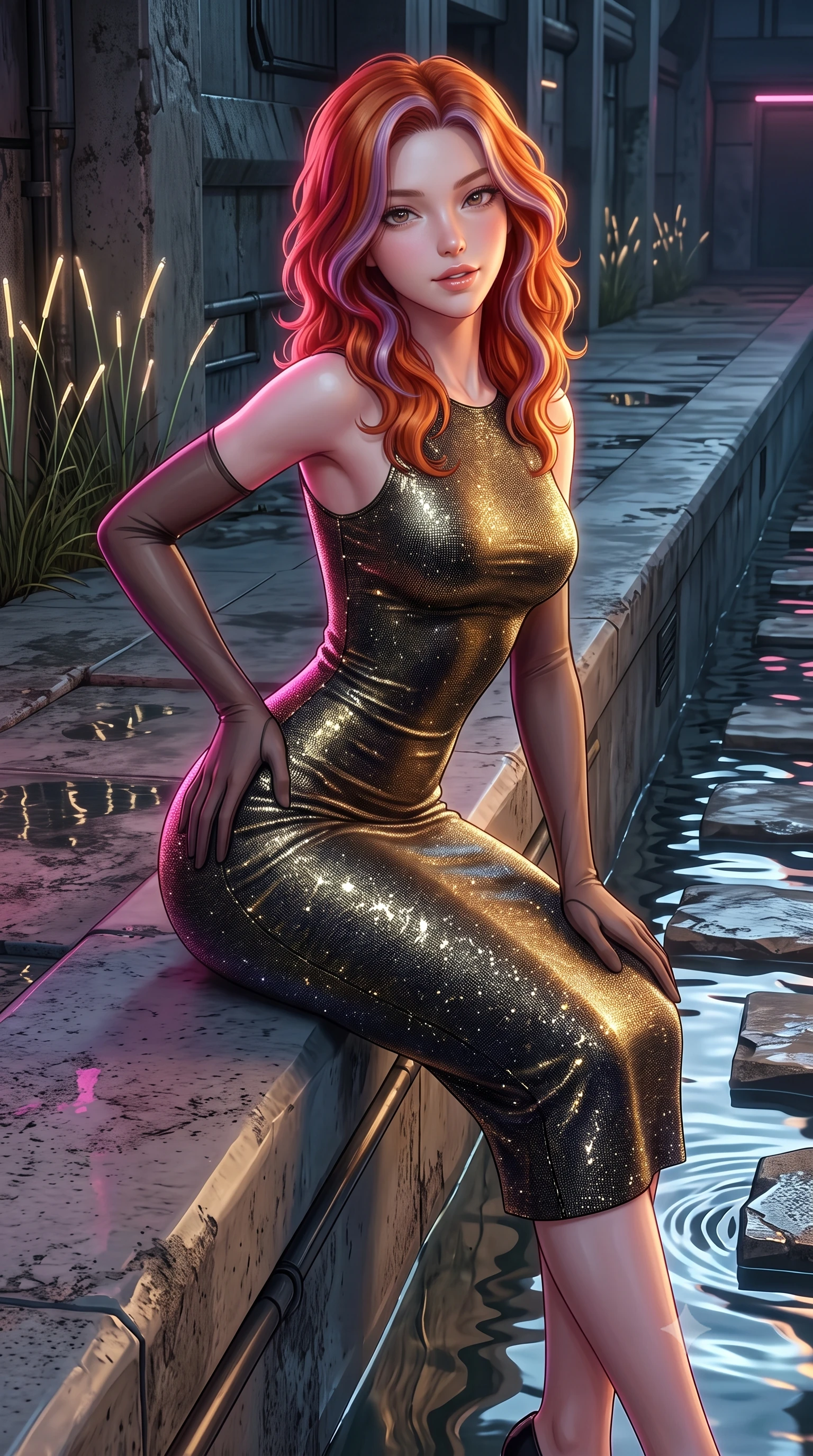 score_9, masterpiece, best quality, ultra-detailed, high-budget anime keyframe, semi-realistic 3D game render, editorial fashion photography, tasteful artistic composition, Caucasian woman. close-up cowboy shot from the waist and thighs up, the character dominates the composition, filling the frame with her large presence. tilting her head with a teasing half-smile, running one hand slowly down the side of her hip in a flirtatious S-curve as ambient light caresses her silhouette while sitting poised on the sleek concrete canal ledge with one knee bent, arching her back with playful elegance and parted glossy lips. The surrounding environment is rendered in vivid detail and crisp panoramic clarity: sharp water ripple reflections on stepping stones, weathered cyber-concrete textures, and fiber-optic reed stems in deep focus. She has an exceptionally elegant, slender, and willowy female figure with an ultra-slim waist, flat toned midriff, narrow ribcage, and sculpted feminine hips creating an alluring, slim hourglass silhouette without bulk. sharp v-shaped jawline, high-bridge nose, intricate jewel-like sparkling eyes with depth, thick eyelashes, glossy parted lips with a natural peach sheen, bright cheerful beaming smile with an enchanting and coquettish sensual glint, exuding both youthful cute charm and seductive allure, flawlessly proportioned anatomical accuracy, strict slender model proportions, natural body alignment, perfectly sculpted long slender limbs, ultra-slim waistline, clean dynamic posture without body distortion. wearing a body-contouring metallic lurex knit midi dress casting radiant starlight shimmer across her flat midriff in singularity accretion gold and deep space void black, woven from buttery-soft stretch lambskin leather adhering to her body like a second skin, complemented by sheer opera-length evening gloves tracing her slender arms, the liquid-tight tailored fabric clinging flawlessly to her narrow waist and rounded feminine hips, emphasizing every millimeter of her sculpted slim hourglass curves without any bulky heaviness. illuminated by canal water reflection bounce and sharp neon-pink rim lights sculpting her jawline, narrow waist, and curvy hips. highly saturated vibrant anime colors, detailed shading with soft gradients, rich glossy textures, high-contrast stereoscopic depth, volumetric dynamic lighting, master piece, 9:16 ratio