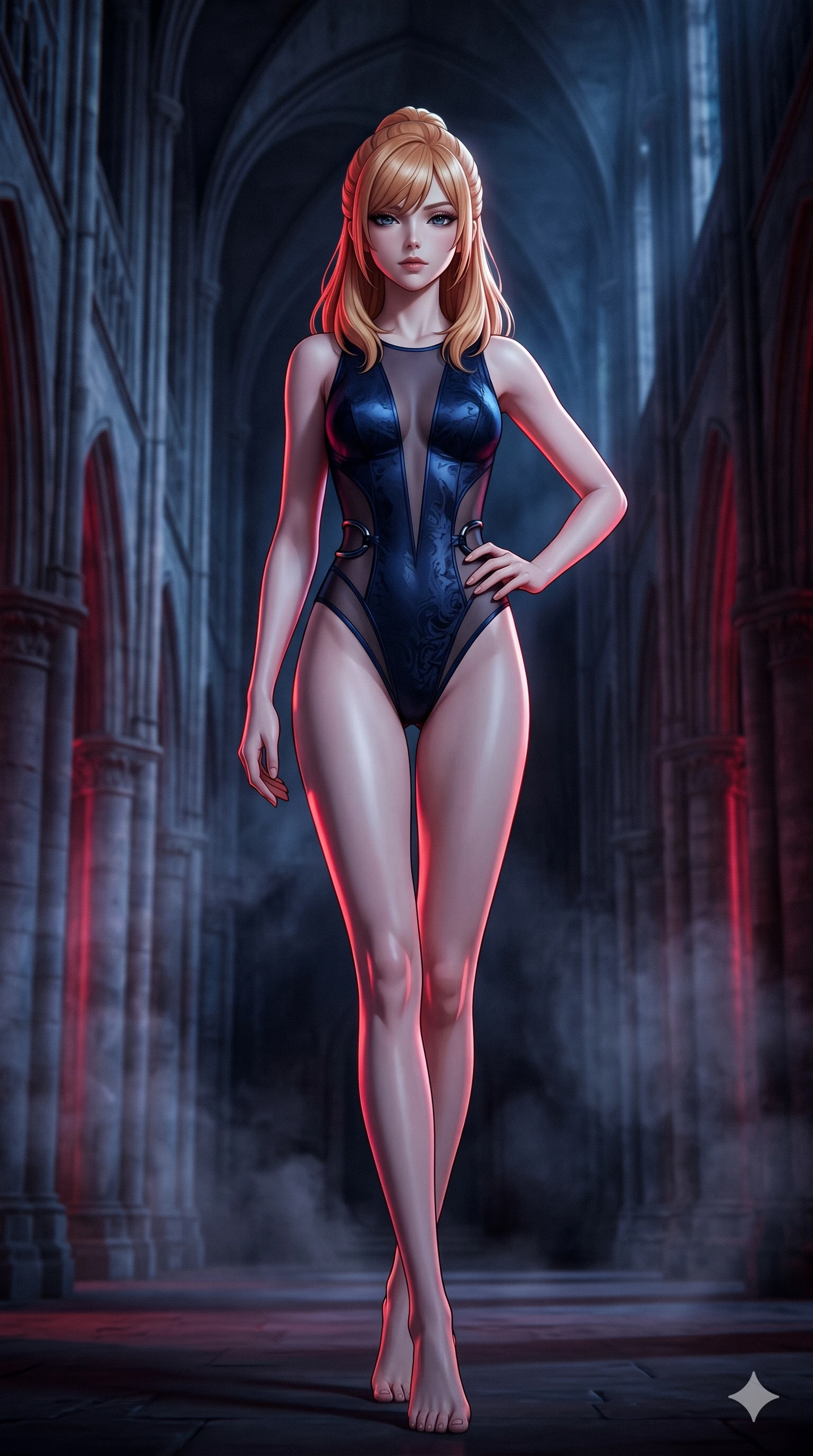 score_9, masterpiece, best quality, ultra-detailed, high-budget anime keyframe, semi-realistic 3D game render, editorial fashion photography, tasteful artistic composition, Caucasian woman. low angle full-body shot from head to toe showing her feet, filling the entire 9:16 vertical frame with her statuesque presence, stretching her vertical silhouette. navigating the midnight sanctuary with an effortless, graceful stride, hips swaying in an alluring sensual rhythm while holding a confident power pose with one hand on her hip beside the soaring stone nave pillars, looking into the lens with dangerous intensity. The background shows a soft-focus ancient ruined European cathedral softened in gothic nocturnal shallow focus. She has an absolutely perfect, statuesque 8.5-heads proportion, an exceptionally tall and slender model-like female figure with impossibly long slender legs, an ultra-slim waist, a flat toned midriff, narrow delicate ribcage, and beautifully sculpted feminine hips creating a graceful, slim hourglass silhouette without any bulky heaviness. sharp v-shaped jawline, high-bridge nose, intricate jewel-like dark sparkling eyes with hypnotic seductive depth, thick curled eyelashes, glossy parted lips with a natural wine sheen, alluring bedroom-eyes with an enigmatic smoldering smile, exuding magnetic sovereign charisma and dark avant-garde glamour, flawlessly proportioned anatomical accuracy, strict slender model proportions, natural body alignment, perfectly sculpted long slender limbs, ultra-slim waistline, clean dynamic posture without body distortion. wearing a delicate semi-translucent wet-look mesh bodysuit clinging sheerly to her sculpted torso and hip curves in midnight navy blue and smoky pitch black, tailored from rich silk jacquard with subtle embossed baroque patterns, accented with sculpted obsidian chrome rings at the waist, accentuating her gracefully sculpted slender torso and statuesque proportions. bathed in sharp crimson laser rim light piercing cold midnight shadows and incense smoke. highly saturated vibrant anime colors, detailed shading with soft gradients, rich glossy textures, high-contrast stereoscopic depth, volumetric dynamic lighting, master piece, 9:16 ratio