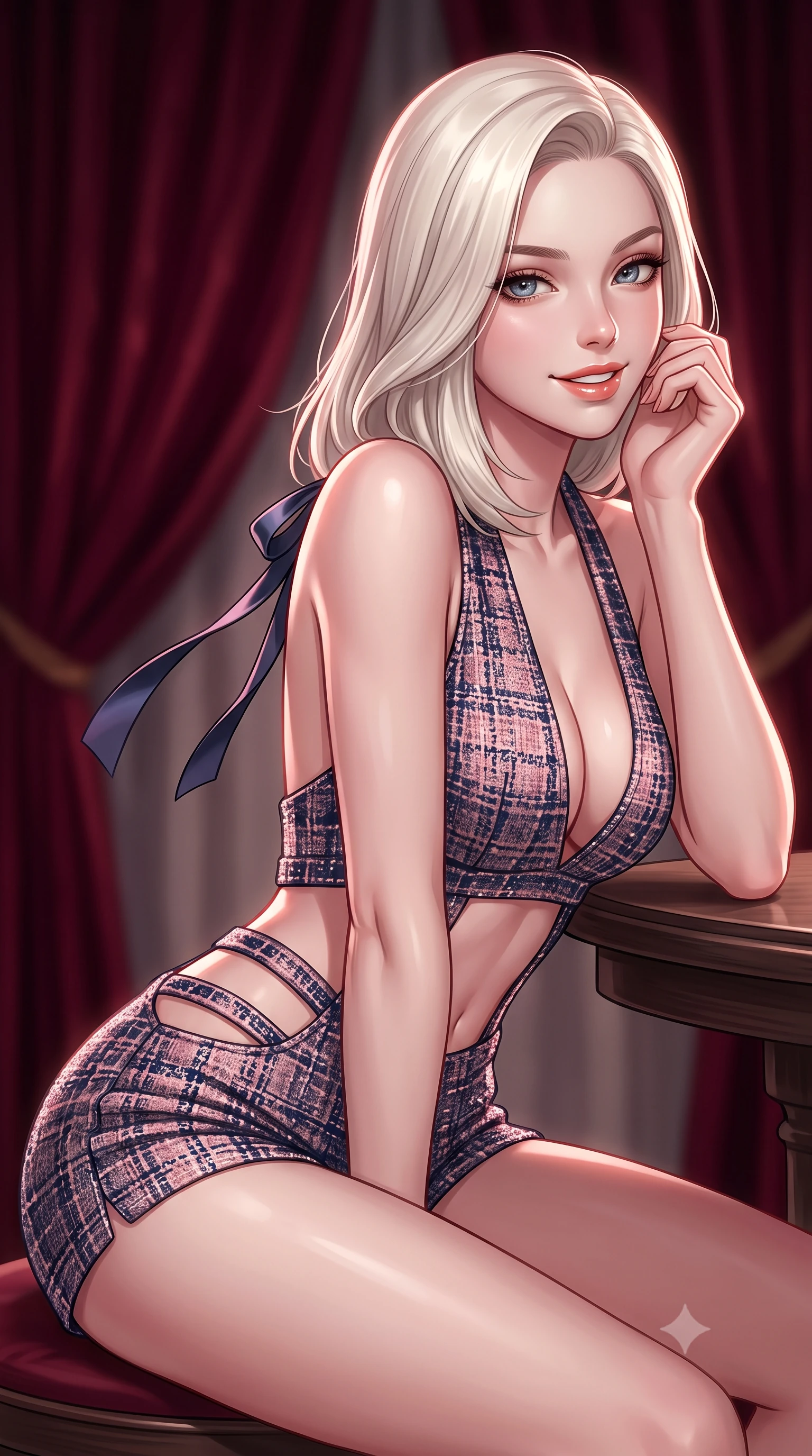 score_9, masterpiece, best quality, ultra-detailed, high-budget anime keyframe, semi-realistic 3D game render, editorial fashion photography, tasteful artistic composition, Caucasian woman. close-up cowboy shot from the waist and thighs up, the character dominates the composition, filling the frame with her large presence. resting one elbow on the table and supporting her chin, leaning close to the camera with heavy-lidded sparkling eyes and parted lips while posing in an alluring rear three-quarter angle with hips cocked back, glancing over her shoulder with an enchanting, parted-lip smile. The background shows a soft-focus deep crimson velvet portieres softened in aristocratic imperial state apartment shallow focus. She has an exceptionally elegant, slender, and willowy female figure with an ultra-slim waist, flat toned midriff, narrow ribcage, and sculpted feminine hips creating an alluring, slim hourglass silhouette without bulk. sharp v-shaped jawline, high-bridge nose, intricate jewel-like sparkling eyes with depth, thick eyelashes, glossy parted lips with a natural peach sheen, bright cheerful beaming smile with an enchanting and coquettish sensual glint, exuding both youthful cute charm and seductive allure, flawlessly proportioned anatomical accuracy, strict slender model proportions, natural body alignment, perfectly sculpted long slender limbs, ultra-slim waistline, clean dynamic posture without body distortion. wearing a daring low-cut halterneck romper with exposed midriff and strappy hip cutouts in Brittany pink granite rose and deep Atlantic navy, woven from structured British tweed with subtle metallic flecks, finished with satin ribbon ties at the shoulders fluttering in the gentle breeze, the high-slit wrap tailoring accentuating her ultra-slim waistline and the enchanting curve of her feminine hips with alluring seductive charm. illuminated by mirror specular reflections and sharp rose-gold rim lights sculpting her features, flat midriff, and slender waist. highly saturated vibrant anime colors, detailed shading with soft gradients, rich glossy textures, high-contrast stereoscopic depth, volumetric dynamic lighting, master piece, 9:16 ratio
