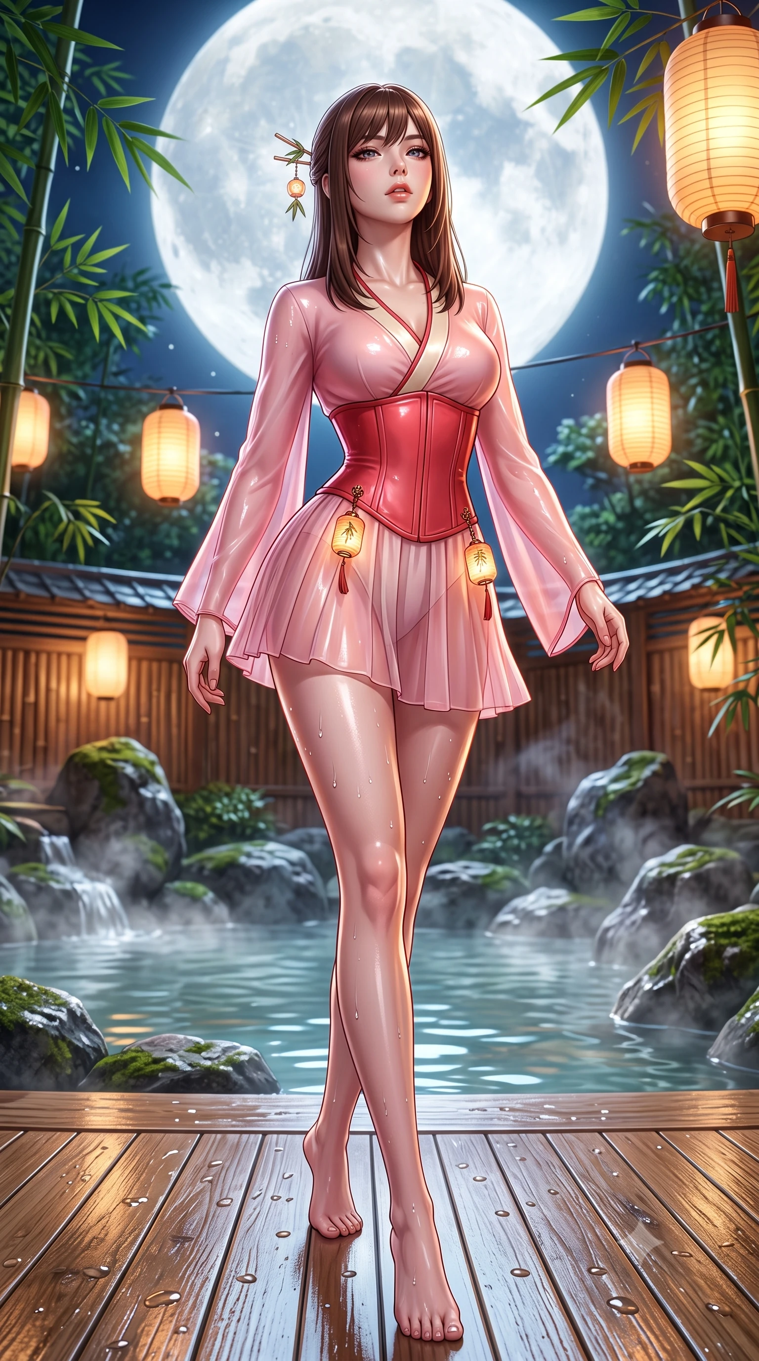 score_9, masterpiece, best quality, ultra-detailed, high-budget anime keyframe, semi-realistic 3D game render, editorial fashion photography, tasteful artistic composition, Korean woman. low angle full-body shot from head to toe showing her feet, filling the entire 9:16 vertical frame with her statuesque presence, stretching her vertical silhouette. striding forward in a proud supermodel runway stride, hips swaying in an alluring kinetic rhythm that accentuates her curvy hourglass silhouette while reclining on the cedar bench with legs extended toward the warm water, head tilted back toward the full moon with smoldering bedroom-eyes. The surrounding environment is rendered in vivid detail and crisp panoramic clarity. sharp wet hinoki wood grain, distinct water droplet tracks on skin, and bamboo leaf venation in deep focus. She has an absolutely perfect, statuesque 8.5-heads proportion, an exceptionally tall and slender model-like female figure with impossibly long slender legs, a toned flat midriff, an ultra-slim waist, and beautifully sculpted feminine hips. sharp v-shaped jawline, high-bridge nose, intricate jewel-like eyes with depth, thick eyelashes, glossy parted lips with a natural sheen, intensely captivating and seductive bedroom-eyes expression, flawlessly proportioned anatomical accuracy, strict slender model proportions, natural body alignment, perfectly sculpted long slender limbs, ultra-slim waistline, clean dynamic posture without body distortion. wearing a sacred shrine maiden couture robe with sheer pleated chiffon skirt and structured scarlet corset top in sakura blossom pink and warm ivory, made of flexible second-skin stretch neoprene with specular wet sheen, complemented by delicate bamboo leaf hairpins and glowing paper lantern charms, the liquid-tight tailored fabric clinging flawlessly to her narrow waist and rounded feminine hips, emphasizing every millimeter of her sculpted hourglass curves during movement. illuminated by wet specular highlights accentuating her slender neckline, sculpted waist, and rounded hips. highly saturated vibrant anime colors, detailed shading with soft gradients, rich glossy textures, high-contrast stereoscopic depth, volumetric dynamic lighting, master piece, 9:16 ratio