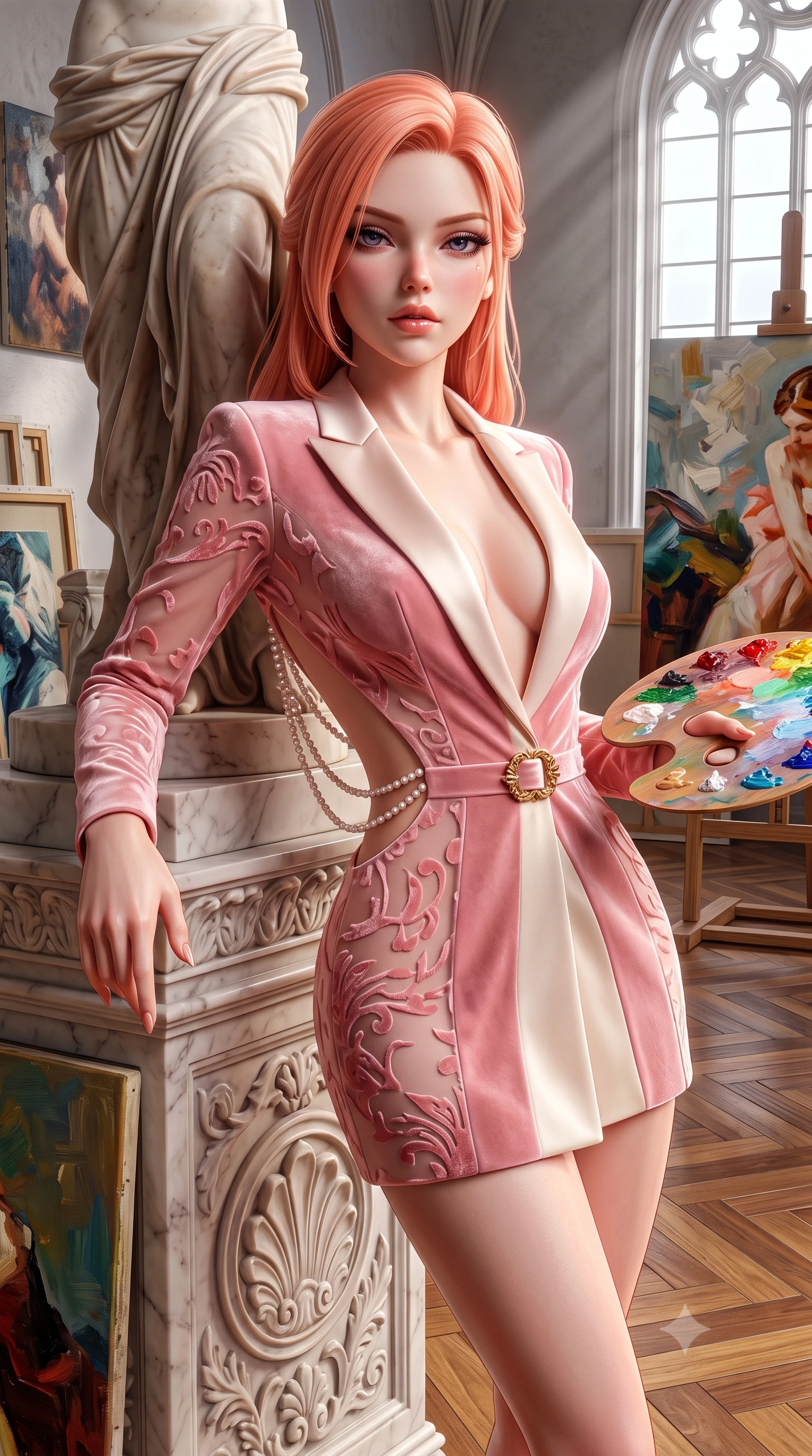 score_9, masterpiece, best quality, ultra-detailed, high-budget anime keyframe, semi-realistic 3D game render, editorial fashion photography, tasteful artistic composition, Japanese woman. close-up cowboy shot from the waist and thighs up, the character dominates the composition, filling the frame with her large presence. leaning back with relaxed seductive grace, her sculpted collarbones and narrow waist highlighted as she casts smoldering bedroom-eyes directly into the camera while leaning against a carved marble statue pedestal with hips cocked, holding a painter's palette while casting an alluring bedroom-gaze. The surrounding environment is rendered in vivid detail and crisp panoramic clarity. sharp oil painting brushstroke textures, carved marble relief, and polished herringbone parquet in deep focus. She has an exceptionally elegant, slender, and willowy female figure with an ultra-slim waist, flat toned midriff, narrow ribcage, and sculpted feminine hips creating an alluring, slim hourglass silhouette without bulk. sharp v-shaped jawline, high-bridge nose, intricate jewel-like eyes with depth, thick eyelashes, glossy parted lips with a natural sheen, intensely captivating and seductive bedroom-eyes expression, flawlessly proportioned anatomical accuracy, strict slender model proportions, natural body alignment, perfectly sculpted long slender limbs, ultra-slim waistline, clean dynamic posture without body distortion. wearing a tailored velvet tuxedo jacket dress with satin lapels, worn with a deep plunge neckline and gold hip buckle in sakura blossom pink and warm ivory, made of sheer contouring power-mesh with velvet flocking patterns, accented with a multi-strand pearl back necklace cascading down her bare spine to her hips, the precision-cut side openings and low-back scoop framing her graceful spine and the sensual sweep of her slim, toned hips. bathed in dramatic natural north skylight streaming through cathedral windows (Chiaroscuro North Light). highly saturated vibrant anime colors, detailed shading with soft gradients, rich glossy textures, high-contrast stereoscopic depth, volumetric dynamic lighting, master piece, 9:16 ratio