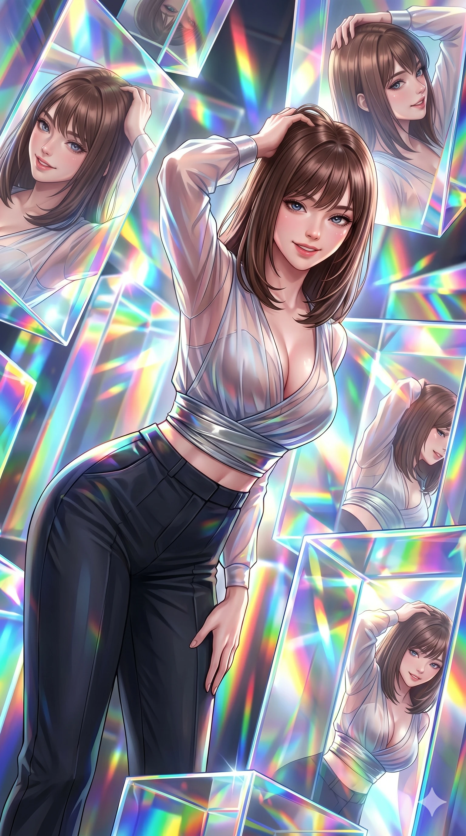 score_9, masterpiece, best quality, ultra-detailed, high-budget anime keyframe, semi-realistic 3D game render, Korean woman. Upper body close-up from the thighs up, character filling the screen for maximum presence. She is bending sideways dynamically, reflecting in a maze of giant prismatic glass blocks that shower bright spectrums of light. She runs a hand through her hair with a playful, teasing expression. She has an absolutely perfect 8-heads proportion, an exceptionally tall and slender female figure with impossibly long slender legs and an ultra-slim waist. V-shaped jawline, high-bridge nose, intricate jewel-like eyes with depth, thick eyelashes, glossy lips with a natural sheen. She is wearing a shortened cyber-fusion wrap top with transparent chiffon panels, a deep crossover neckline, and a high-waisted metallic sash that accentuates her ultra-slim waist. The scene is drenched in blindingly bright rainbow prismatic spotlights with sharp specular highlights. 2k, ultra detail, master piece, 9:16 ratio
