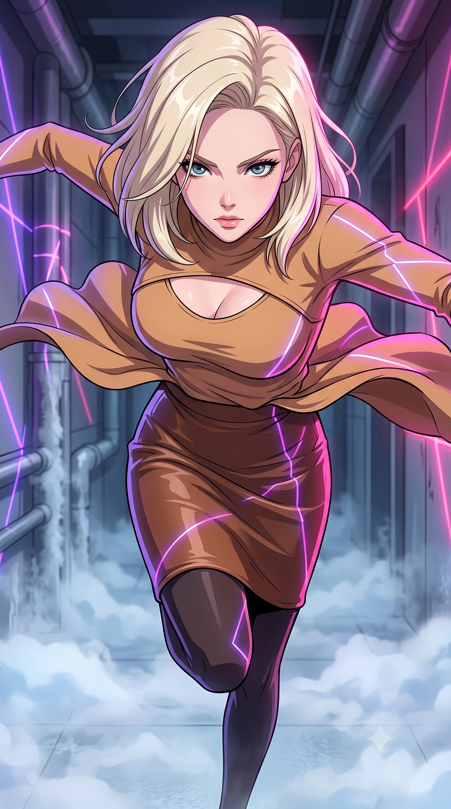 score_9, masterpiece, best quality, ultra-detailed, high-budget anime keyframe, clean line-art, cel-shading, Caucasian woman, strictly human ears. close-up cowboy shot from the waist and thighs up, the character dominates the composition, filling the frame with her large presence, background elements kept in soft focus. Leaping into the camera's view with an aggressive, mid-action strike pose. set against a soft-focus background of a narrow corridor lined with pipes venting freezing nitrogen gas, creating a dense ice fog on the floor. She has an exceptionally elegant and slender, willowy female figure with an ultra-slim waist, a gracefully sculpted slender torso, and a refined slim physique. sharp v-shaped jawline, high-bridge nose, intricate jewel-like eyes with depth, thick eyelashes, glossy lips with a natural sheen. wearing the lightweight fabric rippling and billowing dramatically with her movement, a tailored camel-colored knit top with a keyhole chest cutout, paired with a brown leather pencil skirt. laser lines of violet and hot pink reflecting off surfaces casting geometric neon highlights. highly saturated vibrant anime colors, intense vivid color palette, volumetric dynamic lighting, 2k, ultra detail, master piece, 9:16 ratio