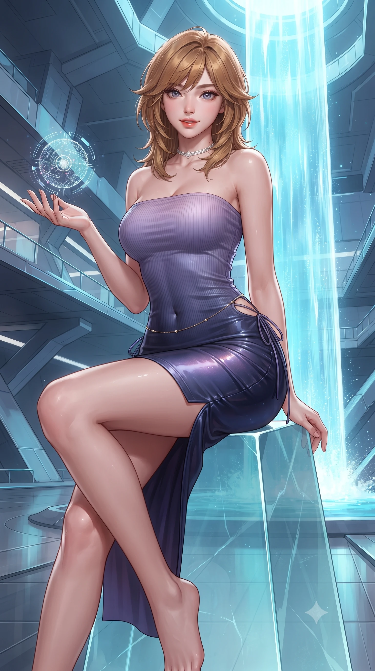 score_9, masterpiece, best quality, ultra-detailed, high-budget anime keyframe, editorial fashion photography, tasteful artistic composition, Korean woman. close-up cowboy shot from the waist and thighs up, the character dominates the composition, filling the frame with her large presence. perched sideways on the lounge seat, one knee drawn up to showcase her slender leg line while her arched back accentuates her feminine hip curve while perched sideways on a glass monolith with legs crossed, holding a floating digital data orb with effortless cyber-queen charm. The surrounding environment is rendered in vivid detail and crisp panoramic clarity: detailed strapless boned corset bodice weave, diamond choker shine, and futuristic atrium architecture in high resolution. She has an exceptionally elegant, slender, and willowy female figure with an ultra-slim waist, flat toned midriff, narrow ribcage, and sculpted feminine hips creating an alluring, slim hourglass silhouette without bulk. sharp v-shaped jawline, high-bridge nose, sparkling eyes with hypnotic seductive depth, thick curled eyelashes, glossy parted lips with a natural dewy peach sheen, alluring bedroom-eyes with an enchanting coquettish smile, exuding magnetic siren charisma and sophisticated glamour, flawlessly proportioned anatomical accuracy, strict slender model proportions, natural body alignment, perfectly sculpted long slender limbs, ultra-slim waistline, clean dynamic posture without body distortion. wearing a form-contouring ribbed knit tube dress with subtle side-lace ties tracing the curve of her hips in twilight lavender and midnight indigo, crafted from wet-look high-gloss vinyl fabric with dazzling specular surface reflections, accented with a dainty gold belly chain resting across her flat midriff and curving hips, the form-contouring silhouette accentuating her sculpted flat midriff, narrow delicate ribcage, and gracefully curvy hips with intoxicating allure. bathed in brilliant cascading cyan and white light radiating from the monumental holographic waterfall. ultra-reflective glossy finish, specular highlights, rich textural contrasts, high-contrast stereoscopic depth, volumetric dynamic lighting, 2k, ultra detail, master piece, 9:16 ratio