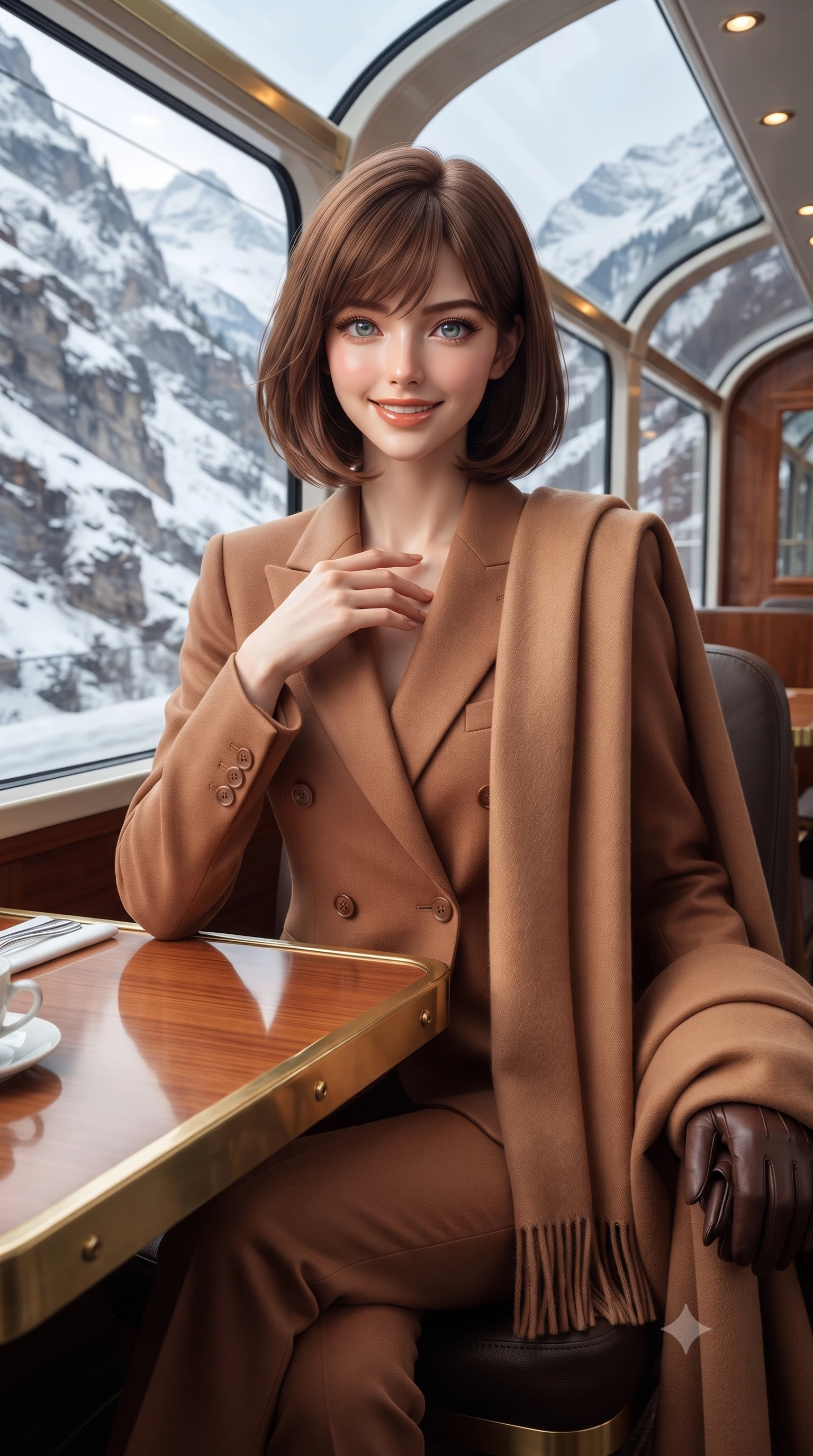 score_9, masterpiece, best quality, ultra-detailed, high-budget anime keyframe, editorial fashion photography, tasteful artistic composition, Caucasian woman. close-up cowboy shot from the waist and thighs up, the character dominates the composition, filling the frame with her large presence. resting one hand gracefully on her tailored blazer lapel while looking into the camera with bright, sparkling eyes while sitting poised at the brass-trimmed wood dining table beneath the curved glass ceiling, watching snow canyons sweep past with an enchanted smile. The surrounding environment is rendered in vivid detail and crisp panoramic clarity: detailed wool cape coat drape, leather gloves held in hand, and Swiss heritage rail engineering in razor-sharp precision. She has an exceptionally elegant, slender, and willowy female figure with an ultra-slim waist, flat toned midriff, narrow ribcage, and sculpted feminine hips creating an alluring, slim hourglass silhouette without bulk. sharp v-shaped jawline, high-bridge nose, intricate jewel-like sparkling eyes with depth, thick eyelashes, glossy parted lips with a natural peach sheen, bright cheerful beaming smile with an enchanting and coquettish sensual glint, exuding both youthful cute charm and seductive allure, flawlessly proportioned anatomical accuracy, strict slender model proportions, natural body alignment, perfectly sculpted long slender limbs, ultra-slim waistline, clean dynamic posture without body distortion. wearing a refined double-breasted wool gabardine pantsuit with clean minimalist tailoring and a concealed placket in warm winter cinnamon and toasted caramel, woven from fine Australian merino wool with a smooth fluid drape and subtle sheen, accented with a wide brushed cashmere fringe scarf draped elegantly over one shoulder, the expertly draped wool fabric falling in crisp fluid lines along her tall 8.5-heads silhouette, celebrating her slender frame without excess fabric bulk. illuminated by cherrywood interior reflection fill and sharp silver-gold rim lights defining her razor-sharp jawline and willowy silhouette. ultra-reflective glossy finish, specular highlights, rich textural contrasts, high-contrast stereoscopic depth, volumetric dynamic lighting, 2k, ultra detail, master piece, 9:16 ratio