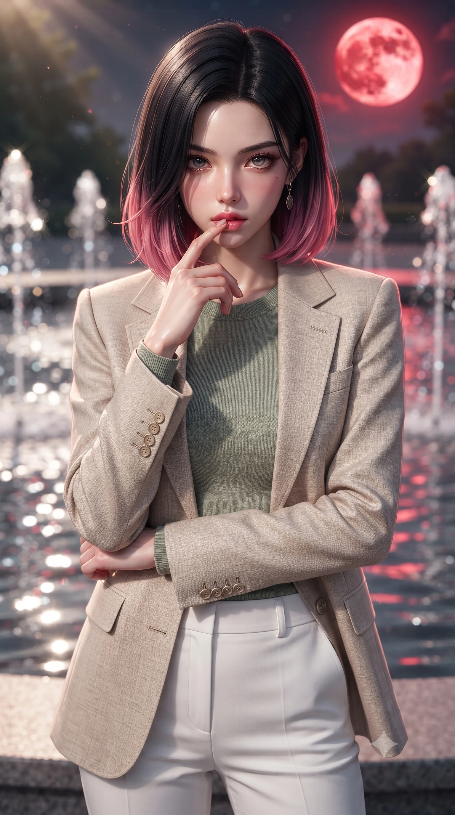 score_9, masterpiece, best quality, ultra-detailed, high-budget anime keyframe, editorial fashion photography, tasteful artistic composition, Korean woman. close-up cowboy shot from the waist and thighs up, the character dominates the composition, filling the frame with her large presence, background elements kept in soft focus. pressing one finger to her bottom lip in a thoughtful, seductive gesture under the warm sun the background shows a soft-focus a celestial fountain plaza with sparkling water jets reflecting a blood moon. She has an exceptionally elegant, slender, and willowy female figure with an ultra-slim waist, a gracefully sculpted slender torso, and a refined silhouette. sharp v-shaped jawline, high-bridge nose, intricate jewel-like eyes with depth, thick eyelashes, glossy lips with a natural sheen. wearing a tailored tailored beige linen blazer over a sage green knit top and white trousers. deep crimson moonbeams contrasting with cool white water glints. ultra-reflective glossy finish, specular highlights, metallic sheen, high-contrast stereoscopic depth, volumetric dynamic lighting, 2k, ultra detail, master piece, 9:16 ratio