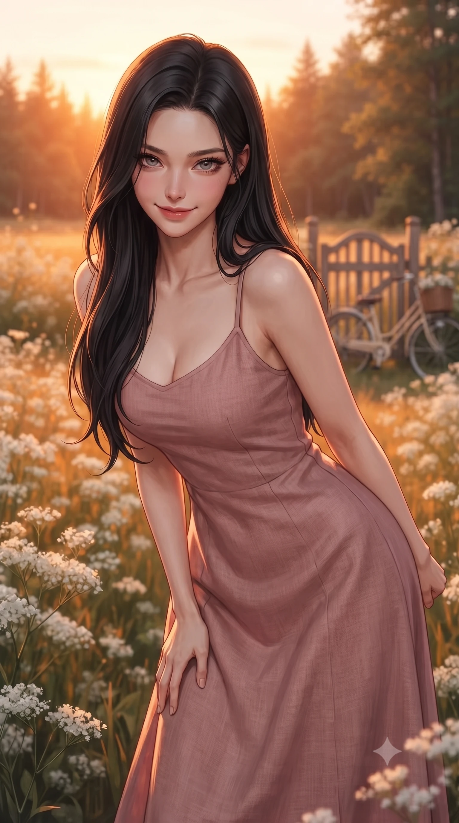 score_9, masterpiece, best quality, ultra-detailed, high-budget anime keyframe, editorial fashion photography, tasteful artistic composition, Korean woman. close-up cowboy shot from the waist and thighs up, the character dominates the composition, filling the frame with her large presence, background elements kept in soft focus. leaning slightly forward with a playful, sultry smile that holds direct, intense eye contact set against a soft-focus background of on a scenic meadow filled with white baby's breath flowers near a forest with a wooden garden gate and a vintage bicycle in the background. She has an exceptionally elegant, slender, and willowy female figure with an ultra-slim waist, a gracefully sculpted slender torso, and a refined silhouette. sharp v-shaped jawline, high-bridge nose, intricate jewel-like eyes with depth, thick eyelashes, glossy lips with a natural sheen. wearing slim-fit flowy linen sundress in dusty rose, draped softly and comfortably. golden hour sunset light casting a warm, romantic orange glow over the field. ultra-reflective glossy finish, specular highlights, metallic sheen, high-contrast stereoscopic depth, volumetric dynamic lighting, 2k, ultra detail, master piece, 9:16 ratio