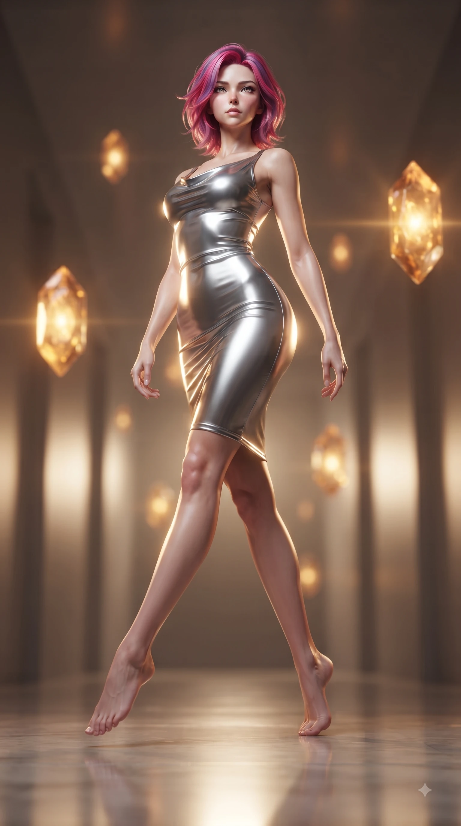 score_9, masterpiece, best quality, ultra-detailed, high-budget anime keyframe, editorial fashion photography, tasteful artistic composition, Caucasian woman woman. low angle full-body shot from head to toe showing her feet, filling the entire 9:16 vertical frame with her statuesque presence, stretching her vertical silhouette. She has an absolutely perfect, statuesque 8.5-heads proportion, an exceptionally tall and slender model-like female figure with impossibly long slender legs and an ultra-slim waist. mid-air spin above the reflective floor, maintaining an athletic and perfectly balanced poise, flawlessly proportioned anatomical accuracy, natural body alignment, perfectly sculpted elegant limbs, clean dynamic posture without body distortion. set against a soft-focus background of a temporal corridor with floating amber time crystals. wearing a sleek bodycon liquid silver jersey dress hugging every curve with a subtle cowl neckline. bathed in golden temporal energy flares casting dramatic volumetric rim lighting. ultra-reflective glossy finish, specular highlights, metallic sheen, high-contrast stereoscopic depth, volumetric dynamic lighting, 2k, ultra detail, master piece, 9:16 ratio