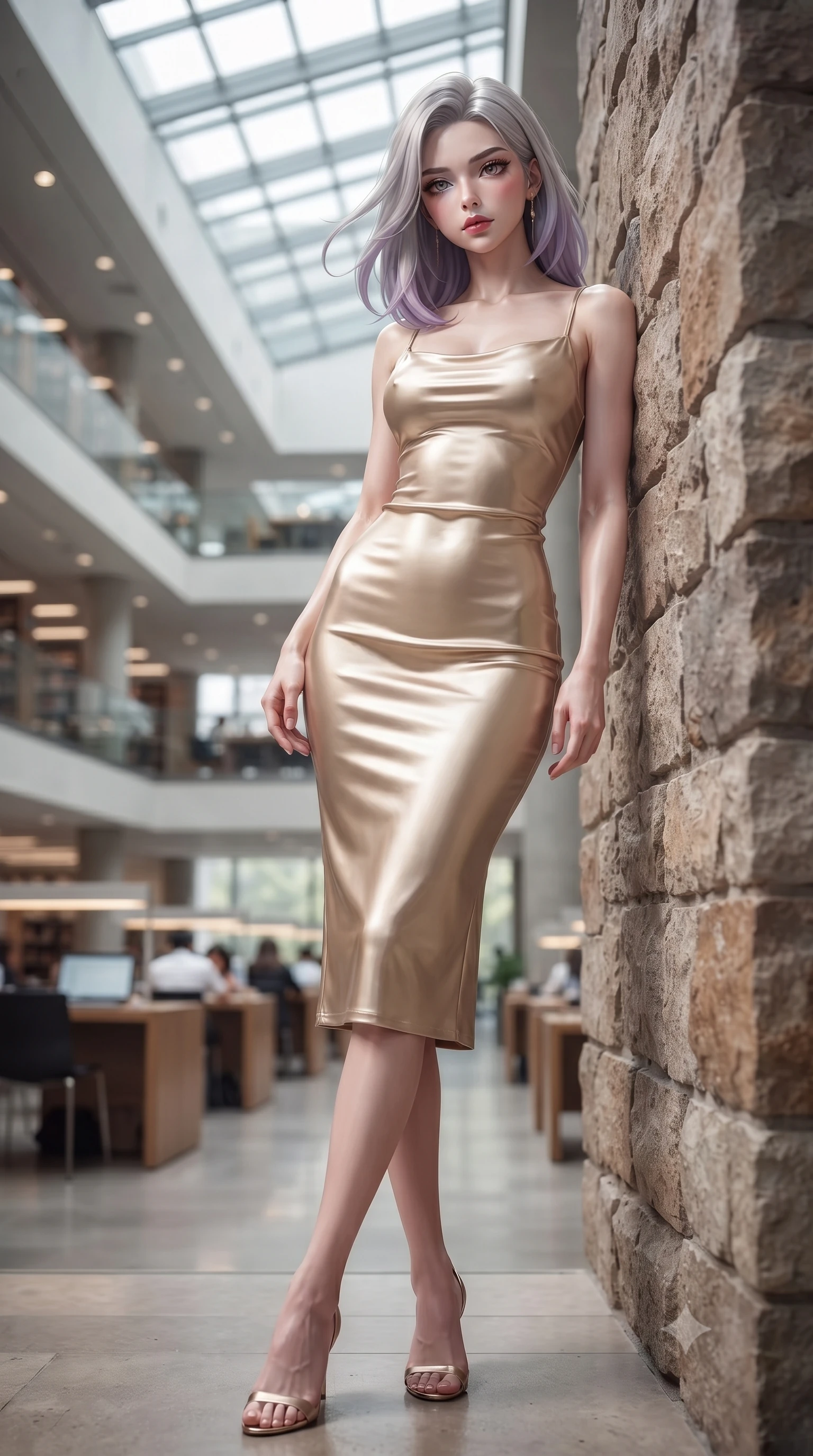 score_9, masterpiece, best quality, ultra-detailed, high-budget anime keyframe, editorial fashion photography, tasteful artistic composition, Caucasian woman woman. low angle full-body shot from head to toe showing her feet, filling the entire 9:16 vertical frame with her statuesque presence, stretching her vertical silhouette. leaning back against a rustic stone wall, casting a slow, alluring gaze at the camera the background shows a soft-focus a grand modern library with high ceilings, glass roofs, and study areas in soft focus. She has an absolutely perfect, statuesque 8.5-heads proportion, an exceptionally tall and slender model-like female figure with impossibly long slender legs and an ultra-slim waist. sharp v-shaped jawline, high-bridge nose, intricate jewel-like eyes with depth, thick eyelashes, glossy lips with a natural sheen. wearing a form-contouring form-fitting slip dress in soft gold satin, tracing her willowy silhouette. soft diffused daylight filling the large, peaceful interior space. ultra-reflective glossy finish, specular highlights, metallic sheen, high-contrast stereoscopic depth, volumetric dynamic lighting, 2k, ultra detail, master piece, 9:16 ratio