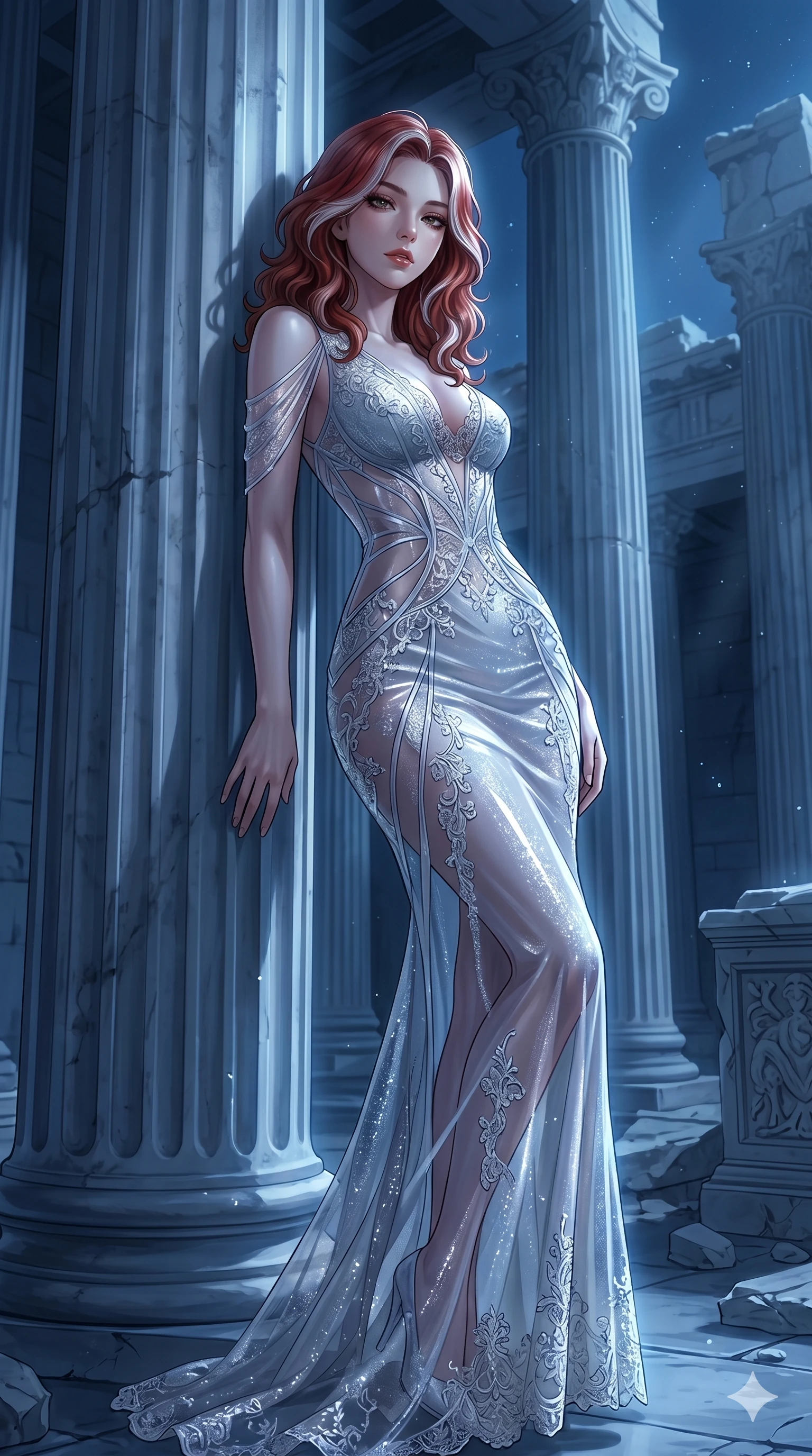 score_9, masterpiece, best quality, ultra-detailed, High-budget Anime Keyframe, East Asian woman. Low angle cowboy shot filling the entire 9:16 frame with her statuesque presence. Scenario 133: Leaning against a cold marble pillar in a moonlit greek temple. Her presence is magnetic and overpowering in this high-budget anime scene. Outfit 133: A delicate technical lace liquid with a artistic translucent overlays and delicate lace embroidery. The clothing is designed to emphasize her exceptionally tall and slender 8-heads proportion. 8-heads proportion, towering silhouette, ultra-slim waist. sharp v-shaped jawline, intricate jewel-like eyes with depth, thick eyelashes, glossy lips. 2k, ultra detail, master piece, 9:16 ratio