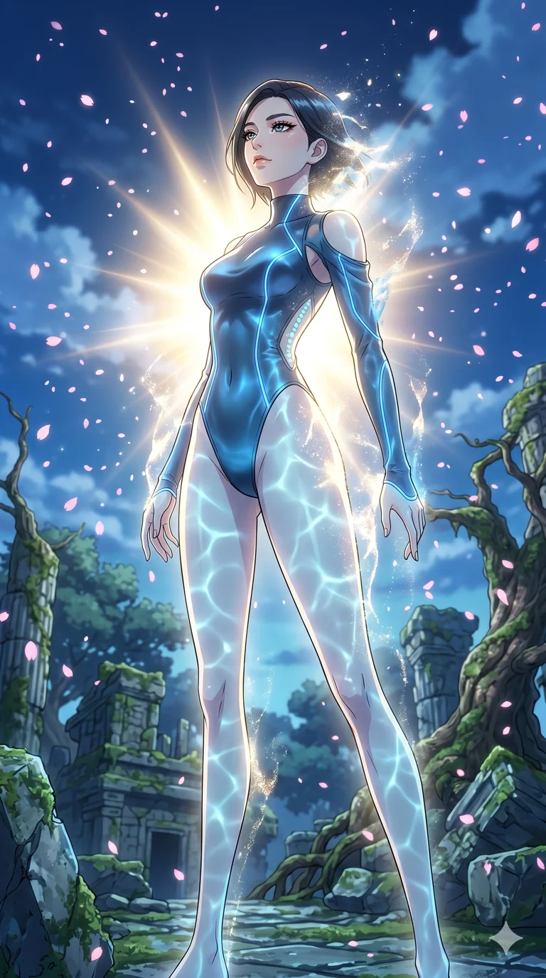 score_9, masterpiece, best quality, ultra-detailed, High-budget Anime Keyframe, vibrant colors, fluid line-art, expressive lighting, cinematic composition, Ufotable-style visual effects, top-tier animation quality, Korean woman with idol-like refined features. Low angle cowboy shot filling the entire 9:16 frame with her statuesque presence, looking up to emphasize her height. Transcending her physical form in a sudden flash of divine light, her silhouette becoming a being of pure energy. She has an absolutely perfect 8-heads proportion, an exceptionally tall and slender female figure with impossibly long slender legs and an ultra-slim waist, her statuesque height and towering silhouette dominating the vertical 9:16 frame. Her face is a masterpiece featuring a sharp v-shaped jawline, high-bridge nose, intricate jewel-like eyes with depth, thick eyelashes, and glossy lips with a natural sheen. She is wearing a Asymmetrical high-cut tech-bodysuit with detached sleeves and glowing fiber-optic seams crafted from Bioluminescent silk that emits a soft, ethereal glow from within the fabric, boasting shoulder cut-outs and a glowing spinal interface visible through the back. The scene is set in an ancient floating island with pink cherry blossoms falling like snow against a blue sky, illuminated by underwater caustic lighting with ripples of light dancing across her body. 2k, ultra detail, master piece, 9:16 ratio