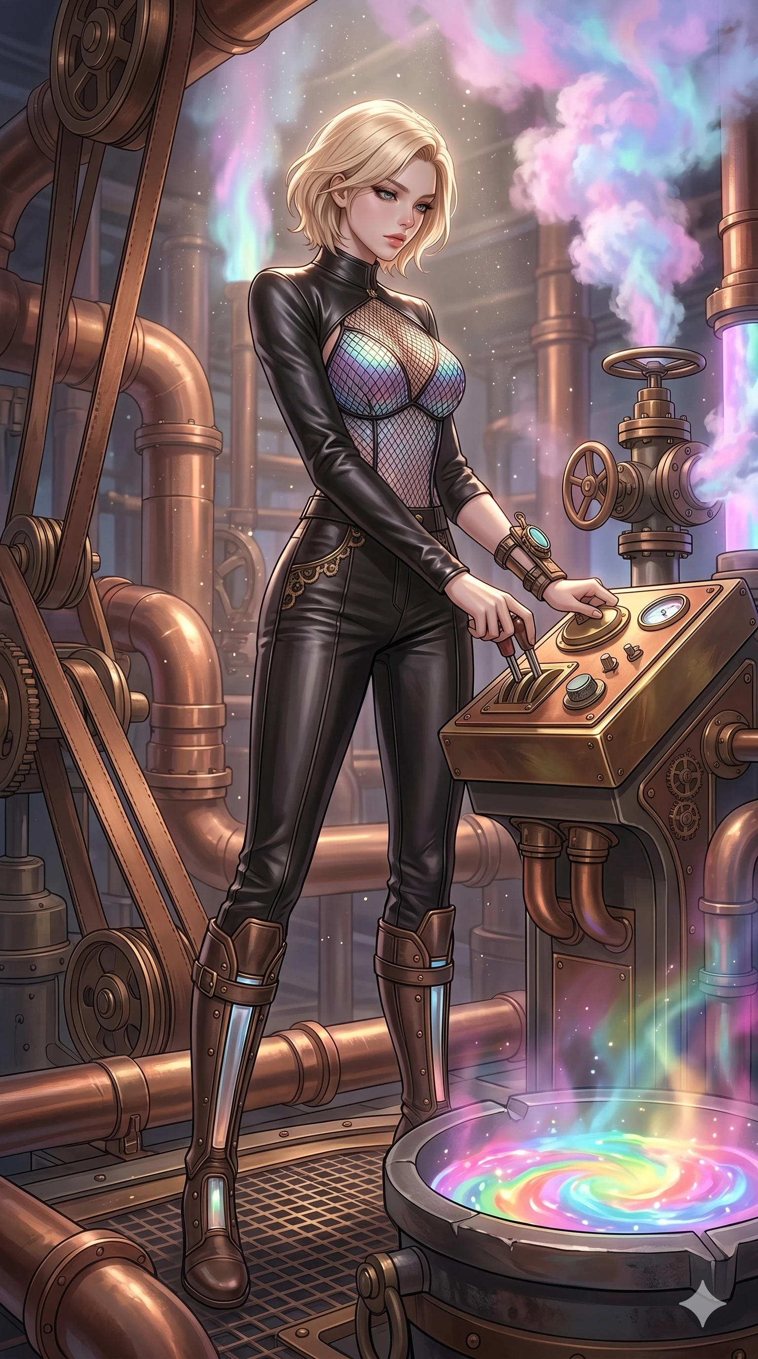 score_9, masterpiece, best quality, ultra-detailed, high-budget anime keyframe, Korean woman. low angle full-body shot filling the entire 9:16 frame with her statuesque presence, stretching the vertical silhouette. operating a steampunk aurora foundry surrounded by massive copper pipes and leather belts, where pastel aurora gas billows from valves and liquid rainbow energy boils in a crucible. She has an absolutely perfect 8-heads proportion, an exceptionally tall and slender female figure with impossibly long slender legs and an ultra-slim waist. V-shaped jawline, high-bridge nose, intricate jewel-like eyes with depth, thick eyelashes, glossy lips with a natural sheen.. wearing a structured iridescent mesh fashion top, a cropped single-sleeve black leather shrug for a bold stage look. illuminated by dramatic chiaroscuro casting soft shadows along her elegant contours, with vibrant backlighting highlighting the dust particles. 2k, ultra detail, master piece, 9:16 ratio