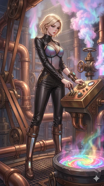 score_9, masterpiece, best quality, ultra-detailed, high-budget anime keyframe, Korean woman. low angle full-body shot filling the entire 9:16 frame with her statuesque presence, stretching the vertical silhouette. operating a steampunk aurora foundr