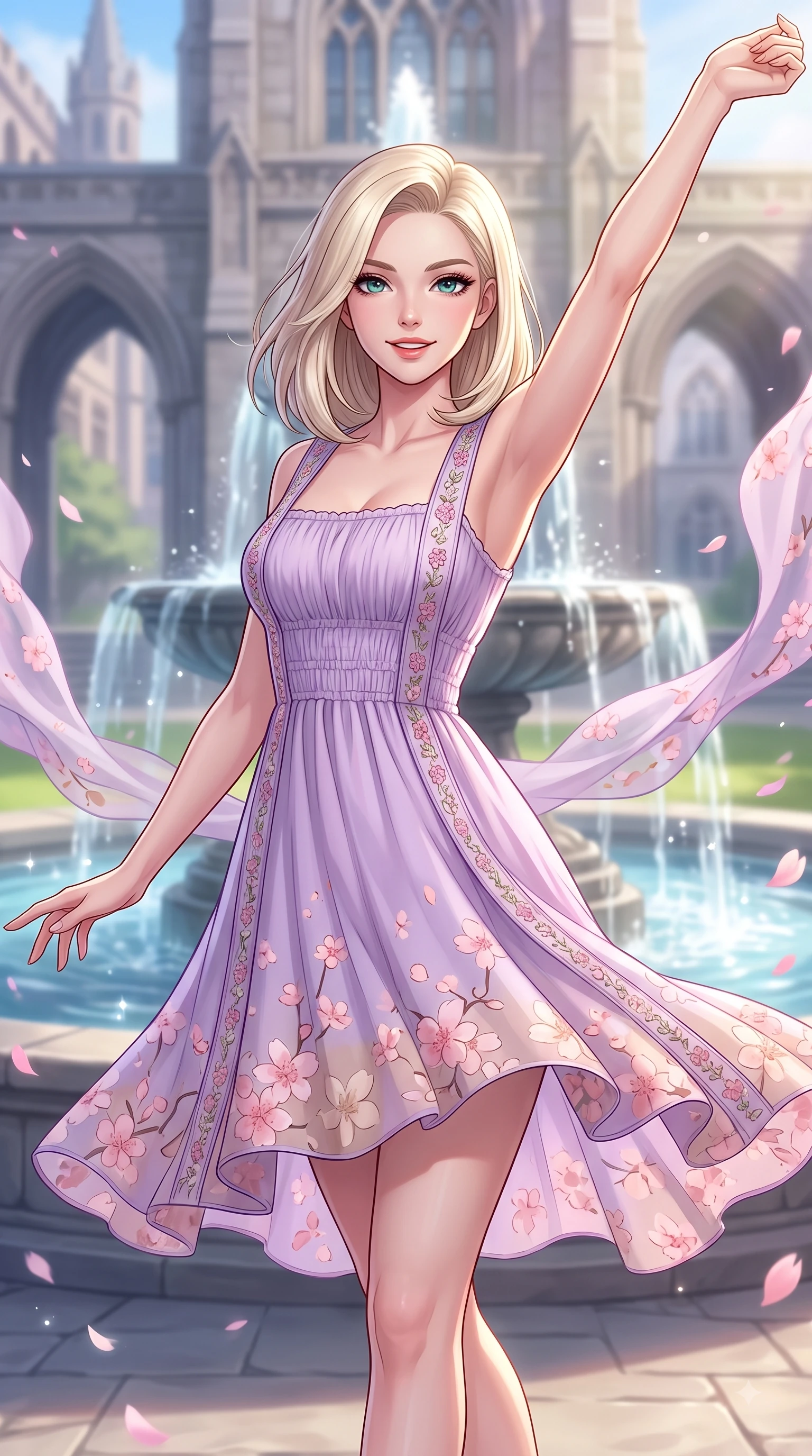 score_9, masterpiece, best quality, ultra-detailed, high-budget anime keyframe, editorial fashion photography, tasteful artistic composition, Caucasian woman. close-up cowboy shot from the waist and thighs up, the character dominates the composition, filling the frame with her large presence. Extending one arm in an elegant stretch toward the light while smiling with vibrant, youthful self-assurance while reaching out cheerfully with a bright smile near a grand stone fountain on the college quad. The composition keeps background elements in soft focus with dreamy bokeh. gothic campus arches and sparkling fountain waters softened in a gentle background haze. She has an exceptionally elegant, slender, and willowy female figure with an ultra-slim waist, a gracefully sculpted slender torso, and a refined silhouette. sharp v-shaped jawline, high-bridge nose, intricate jewel-like eyes with depth, thick eyelashes, glossy lips with a natural sheen, flawlessly proportioned anatomical accuracy, natural body alignment, perfectly sculpted elegant limbs, clean dynamic posture without body distortion. wearing a romantic lilac square-neck sundress with soft smocked bodice and fluttery hem in cherry blossom pink and soft beige, made of fine lightweight chiffon that flutters gently in the breeze, complemented by delicate embroidered floral trim along the hem, the relaxed yet flattering fit accentuating her naturally graceful and slender figure. surrounded by an uplifting, fresh, and youthful academic atmosphere. highly saturated vibrant anime colors, detailed shading with soft gradients, rich glossy textures, high-contrast stereoscopic depth, volumetric dynamic lighting, master piece, 9:16 ratio