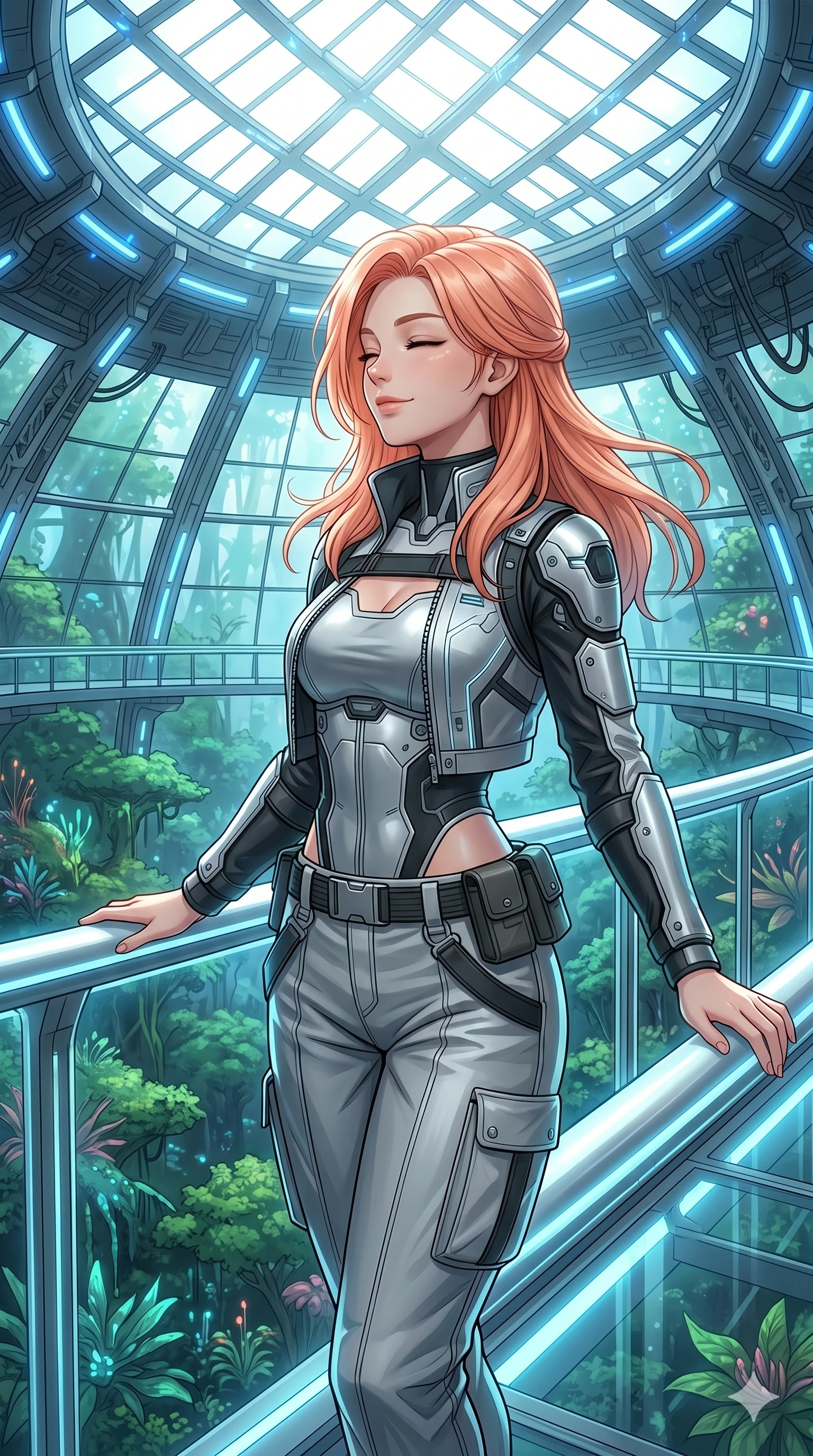 score_9, masterpiece, best quality, ultra-detailed, high-budget anime keyframe, Japanese woman. Upper body close-up from the thighs up, character filling the screen for maximum presence. Standing on an elevated pathway in a giant biotech dome, looking out at the massive forest below with a serene, peaceful smile. She is wearing a cropped cyber-jacket over a silver bodice and cargo pants with belt. The scene is illuminated by the bright white light of the dome ceiling and blue guides. 2k, ultra detail, master piece, 9:16 ratio