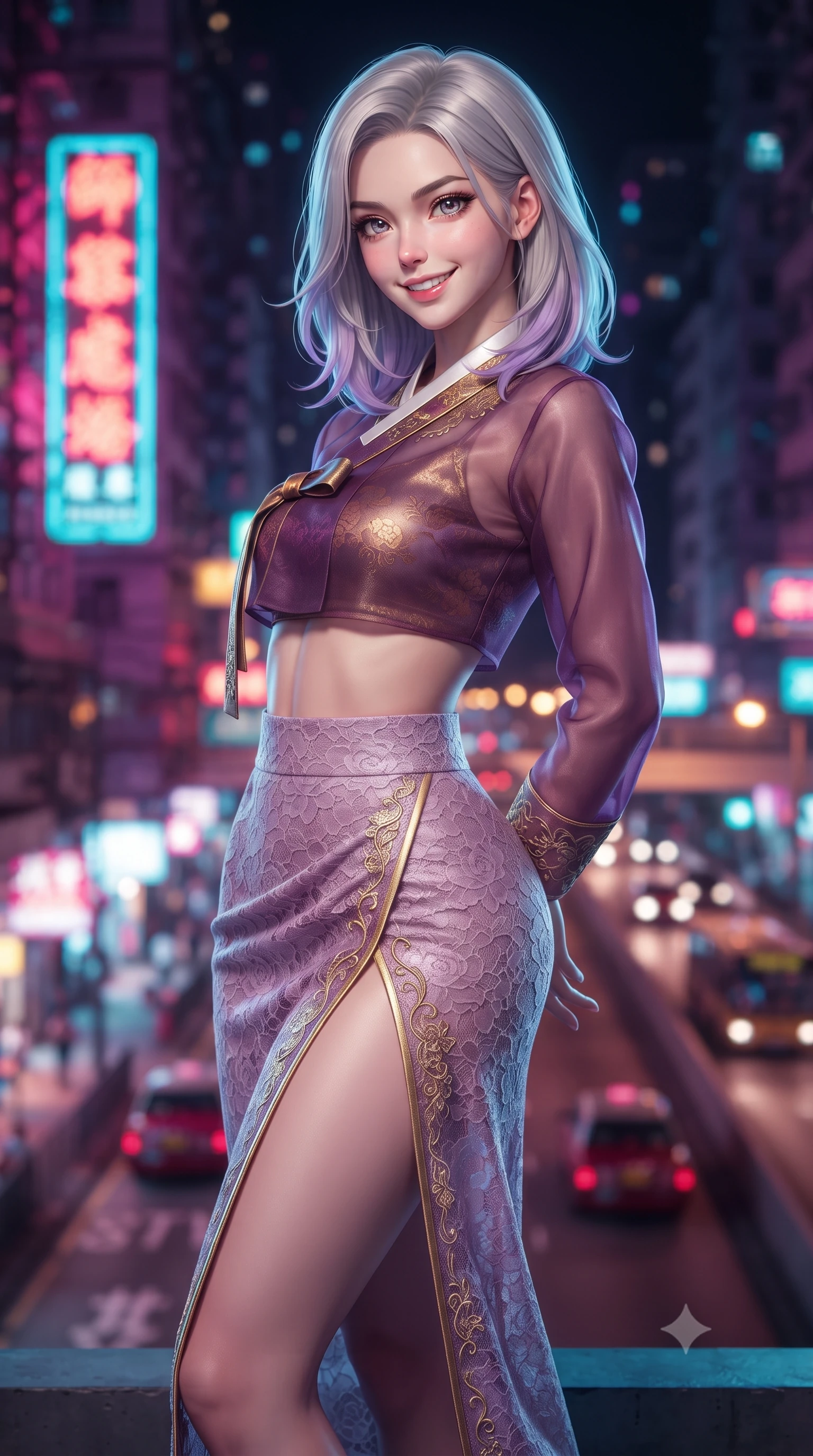 score_9, masterpiece, best quality, ultra-detailed, high-budget anime keyframe, editorial fashion photography, tasteful artistic composition, Caucasian woman. close-up cowboy shot from the waist and thighs up, the character dominates the composition, filling the frame with her large presence. resting both hands lightly behind her back while leaning toward the lens with a cheerful, teasing grin, her form-fitting fusion dress hugging her narrow waist and hip curve while standing poised on the high garden ledge above the neon canyon of Hong Kong, arching her back with fearless supermodel glamour. The background shows a soft-focus dizzying vertical kanji neon signs, passing elevated traffic, and mist-veiled Victoria Peak blurred into saturated magenta, cyan, and amber bokeh. She has an exceptionally elegant, slender, and willowy female figure with an ultra-slim waist, flat toned midriff, narrow ribcage, and sculpted feminine hips creating an alluring, slim hourglass silhouette without bulk. sharp v-shaped jawline, high-bridge nose, intricate jewel-like dark sparkling almond eyes with depth, thick lashes, glossy parted lips with a natural rose-plum sheen, bright alluring and coquettish smile with bedroom-eyes, exuding both timeless oriental elegance and sovereign high-fashion allure, flawlessly proportioned anatomical accuracy, strict slender model proportions, natural body alignment, perfectly sculpted long slender limbs, ultra-slim waistline, clean dynamic posture without body distortion. wearing a cropped semi-sheer silk organza jeogori top paired with an ultra-high-waisted wrapped chima skirt featuring a dramatic thigh-high side slit in rich plum violet and gilded bronze embroidery, woven from delicate semi-opaque floral lace with oriental peony patterns, finished with sharp laser-cut side hip slits framed by gold piping, the form-contouring cut accentuating her sculpted flat midriff, narrow delicate ribcage, and gracefully curvy hips with regal oriental supermodel elegance. illuminated by rooftop garden amber accents and sharp laser-cyan rim lighting sculpting her razor-sharp jawline, narrow waist, and curvy hips. ultra-reflective glossy finish, specular highlights, rich textural contrasts, high-contrast stereoscopic depth, volumetric dynamic lighting, 2k, ultra detail, master piece, 9:16 ratio