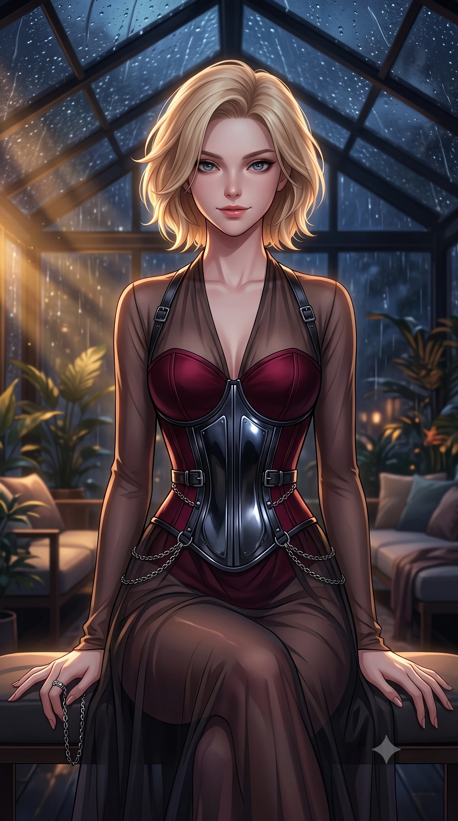 score_9, masterpiece, best quality, ultra-detailed, high-budget anime keyframe, editorial fashion photography, tasteful artistic composition, Caucasian woman. close-up cowboy shot from the waist and thighs up, the character dominates the composition, filling the frame with her large presence, background elements kept in soft focus. Smiling with quiet, magnetic self-assurance directly into the camera, inside a private greenhouse lounge at 2 AM as torrential rain hits the glass roof, cozy yet intensely alluring nocturnal greenhouse atmosphere. She has an exceptionally elegant, slender, and willowy female figure with an ultra-slim waist, a gracefully sculpted slender torso, and a refined silhouette. sharp v-shaped jawline, high-bridge nose, intricate jewel-like eyes with depth, thick eyelashes, glossy lips with a natural sheen. wearing semi-opaque sheer dark chiffon gown revealing structured corset silhouette in deep crimson burgundy, made of sculpted obsidian metallic chrome, framed by dark titanium buckles and silver chain details, following her slender form with tailored precision. lit by low-key golden rays piercing through rain-streaked glass. highly saturated vibrant anime colors, detailed shading with soft gradients, rich glossy textures, high-contrast stereoscopic depth, volumetric dynamic lighting, master piece, 9:16 ratio