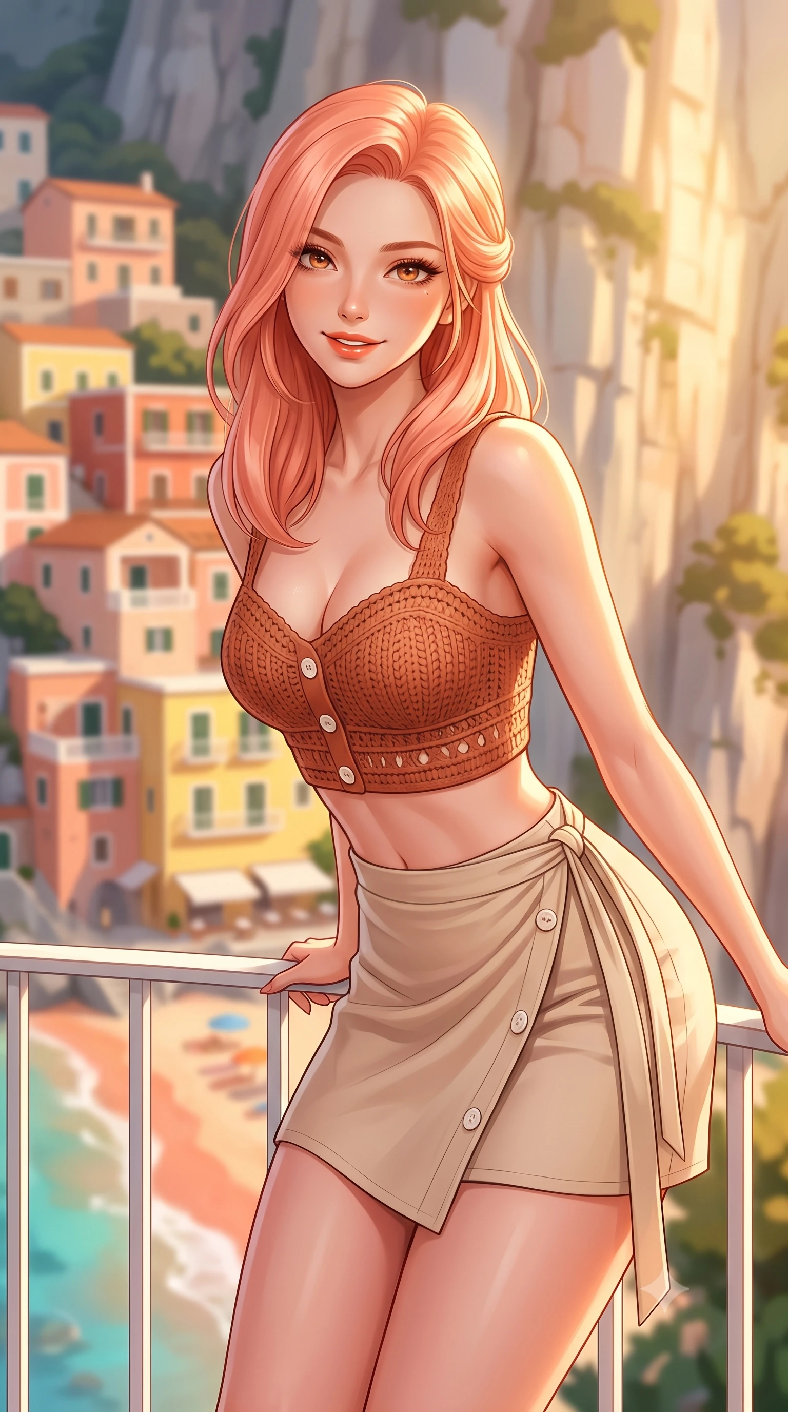 score_9, masterpiece, best quality, ultra-detailed, high-budget anime keyframe, semi-realistic 3D game render, editorial fashion photography, tasteful artistic composition, Japanese woman. close-up cowboy shot from the waist and thighs up, the character dominates the composition, filling the frame with her large presence. leaning forward with playful sun-kissed grace while arching her lower back to accentuate her curvy hips, looking into the camera with a radiant teasing smile and alluring bedroom-eyes while sitting perched on the private cliffside terrace railing, arching her lower back with a playful, teasing smile overlooking the pastel houses of Positano. The composition keeps background elements in soft focus with dreamy creamy bokeh. stacked pastel peach, terracotta, and lemon cliffside houses cascading to the beach blurred into pastel coral, honey, and turquoise bokeh. She has an exceptionally elegant, slender, and willowy female figure with an ultra-slim waist, flat toned midriff, narrow ribcage, and sculpted feminine hips creating an alluring, slim hourglass silhouette without bulk. sharp v-shaped jawline, high-bridge nose, sparkling amber-hazel eyes with depth, long lush eyelashes, glossy sun-kissed lips with a warm coral glaze, radiant teasing smile with sensual sunlit bedroom-eyes, exuding effortless old-money elegance and intoxicating sun-drenched allure, flawlessly proportioned anatomical accuracy, strict slender model proportions, natural body alignment, perfectly sculpted long slender limbs, ultra-slim waistline, clean dynamic posture without body distortion. wearing a sweetheart-neckline crochet knit crop top paired with a curve-hugging wrap mini skirt accentuating her hips in Mediterranean terracotta and warm oatmeal beige, tailored from crisp cotton poplin with clean structural architectural lines, accented with neat front carved mother-of-pearl buttons, the liquid-tight tailored fabric clinging flawlessly to her narrow waist and rounded feminine hips, emphasizing every millimeter of her sculpted slim hourglass curves without any bulky heaviness. bathed in luminous golden hour sunlight reflecting off the vertical cliff walls. highly saturated vibrant anime colors, detailed shading with soft gradients, rich glossy textures, high-contrast stereoscopic depth, volumetric dynamic lighting, master piece, 9:16 ratio