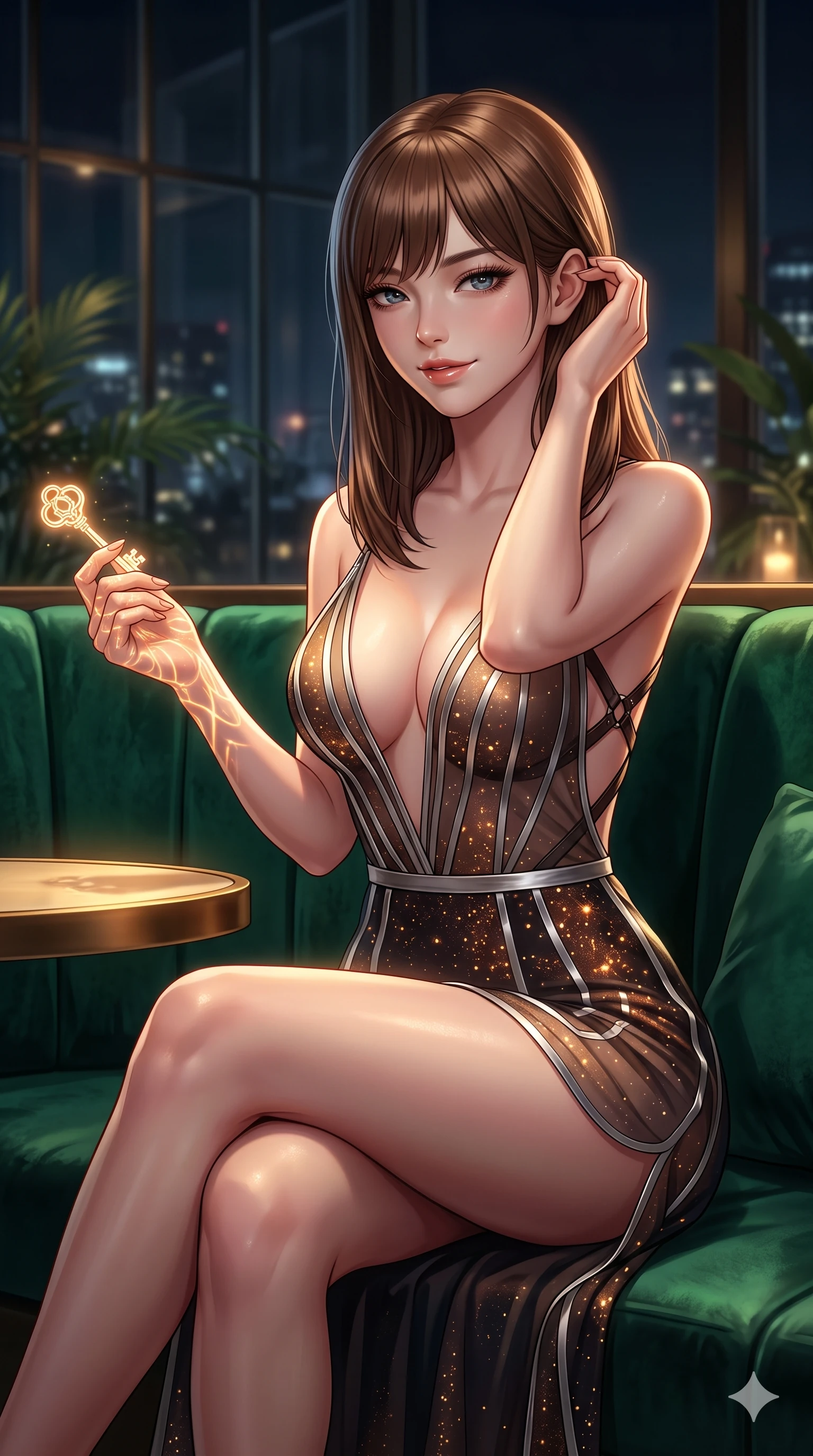 score_9, masterpiece, best quality, ultra-detailed, high-budget anime keyframe, semi-realistic 3D game render, editorial fashion photography, tasteful artistic composition, Korean woman. close-up cowboy shot from the waist and thighs up, the character dominates the composition, filling the frame with her large presence. gently brushing a lock of hair behind her ear while casting a playful, flirtatious side-gaze with long eyelashes while sitting poised in a plush emerald velvet booth with legs crossed, holding a glowing cryptographic key while flashing a subtle, dangerous smile. The background shows a soft-focus exclusive high-stakes solarium atmosphere softened in private penthouse lounge shallow focus. She has an exceptionally elegant, slender, and willowy female figure with an ultra-slim waist, flat toned midriff, narrow ribcage, and sculpted feminine hips creating an alluring, slim hourglass silhouette without bulk. sharp v-shaped jawline, high-bridge nose, intricate jewel-like sparkling eyes with depth, thick eyelashes, glossy parted lips with a natural sheen, intensely captivating and seductive bedroom-eyes expression, exuding both youthful cute charm and sovereign luxury allure, flawlessly proportioned anatomical accuracy, strict slender model proportions, natural body alignment, perfectly sculpted long slender limbs, ultra-slim waistline, clean dynamic posture without body distortion. wearing a plunge-front sheer illusion tulle slip dress with liquid platinum ribbon stripes hugging her curves in cosmic eclipse amber and starlight diamond, tailored from heavy double-faced silk georgette with an exceptionally fluid drape, featuring an open-back criss-cross harness strap in dark leather, the bespoke structured tailoring following the natural line of her 8.5-heads silhouette with refined elegance. bathed in low-key, high-contrast chiaroscuro lighting with narrow amber and gold spotlights on the table. highly saturated vibrant anime colors, detailed shading with soft gradients, rich glossy textures, high-contrast stereoscopic depth, volumetric dynamic lighting, master piece, 9:16 ratio