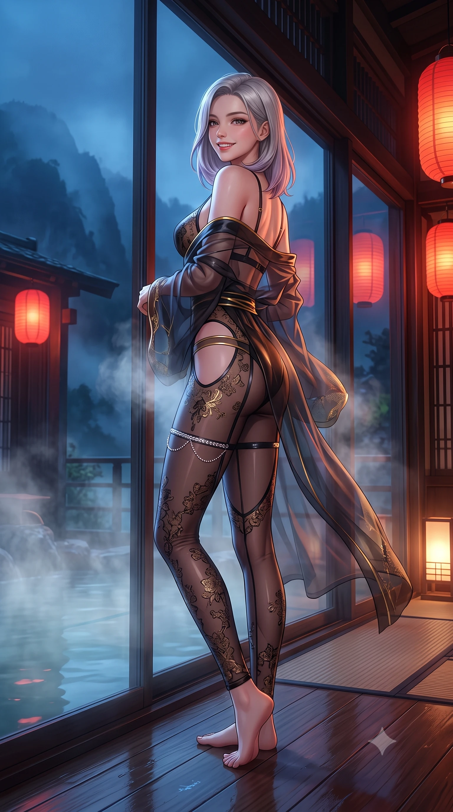 score_9, masterpiece, best quality, ultra-detailed, high-budget anime keyframe, semi-realistic 3D game render, editorial fashion photography, tasteful artistic composition, Caucasian woman. low angle full-body shot from head to toe showing her feet, filling the entire 9:16 vertical frame with her statuesque presence, stretching her vertical silhouette. posing in a classic haute-couture S-curve stance beside the floor-to-ceiling window, looking over a bare shoulder with magnetic presence while twisting her slender torso in an alluring contrapposto stance, glowing crimson paper lanterns and hot spring vapor caressing her narrow waist and curvy hips. The surrounding environment is rendered in vivid detail and crisp panoramic clarity: detailed ethereal translucent silk chiffon yukata robe slipping off bare shoulders, strappy underwire bralette cling, and traditional craft in razor-sharp precision. She has an exceptionally tall and slender model-like 8.5-heads proportion, an ultra-slim waist, a flat toned midriff, narrow delicate ribcage, and beautifully sculpted feminine hips creating a graceful, slim hourglass silhouette without any bulky heaviness, with impossibly long slender legs. sharp v-shaped jawline, high-bridge nose, intricate jewel-like sparkling eyes with depth, thick eyelashes, glossy parted lips with a natural peach sheen, bright cheerful beaming smile with an enchanting and coquettish sensual glint, exuding both youthful cute charm and seductive allure, flawlessly proportioned anatomical accuracy, strict slender model proportions, natural body alignment, perfectly sculpted long slender limbs, ultra-slim waistline, clean dynamic posture without body distortion. wearing an ultra-daring sheer vinyl-trimmed illusion mesh catsuit with strategic translucent cutouts along her hips and torso in Shanghai noir black and imperial 24k gold, made of delicate embroidered tulle lace with intricate floral motifs and soft transparency, finished with delicate crystal-encrusted thigh garter straps glinting in the dim light, the liquid-tight tailored fabric clinging flawlessly to her narrow waist and rounded feminine hips, emphasizing every millimeter of her sculpted slim hourglass curves without any bulky heaviness. bathed in the romantic vermilion-and-gold 2300K lantern glows contrasted with cool deep-blue mountain mist. highly saturated vibrant anime colors, detailed shading with soft gradients, rich glossy textures, high-contrast stereoscopic depth, volumetric dynamic lighting, master piece, 9:16 ratio