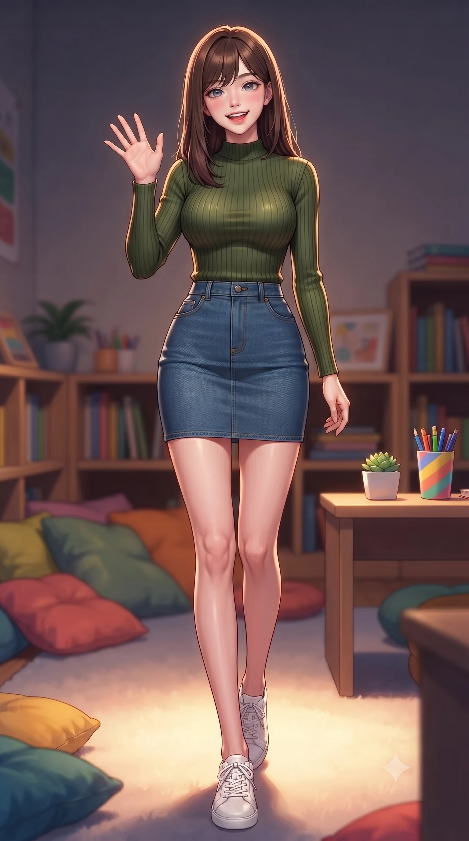 score_9, masterpiece, best quality, ultra-detailed, high-budget anime keyframe, editorial fashion photography, tasteful artistic composition, Korean woman. low angle full-body shot from head to toe showing her feet, filling the entire 9:16 vertical frame with her statuesque presence, stretching her vertical silhouette. stepping forward with a bright, cheerful smile, waving happily at the viewer set against a soft-focus background of in a neighborhood library children's corner with colorful pillows and low shelves with a tiny succulent pot and a colorful cup of pens on the desk. She has an absolutely perfect, statuesque 8.5-heads proportion, an exceptionally tall and slender model-like female figure with impossibly long slender legs and an ultra-slim waist. sharp v-shaped jawline, high-bridge nose, intricate jewel-like eyes with depth, thick eyelashes, glossy lips with a natural sheen. wearing slim-fit tight-fitting ribbed sweater in olive green paired with a slim denim pencil skirt. warm ambient uplighting creating a cozy, studious evening ambiance. highly saturated vibrant anime colors, detailed shading with soft gradients, rich glossy textures, high-contrast stereoscopic depth, volumetric dynamic lighting, master piece, 9:16 ratio