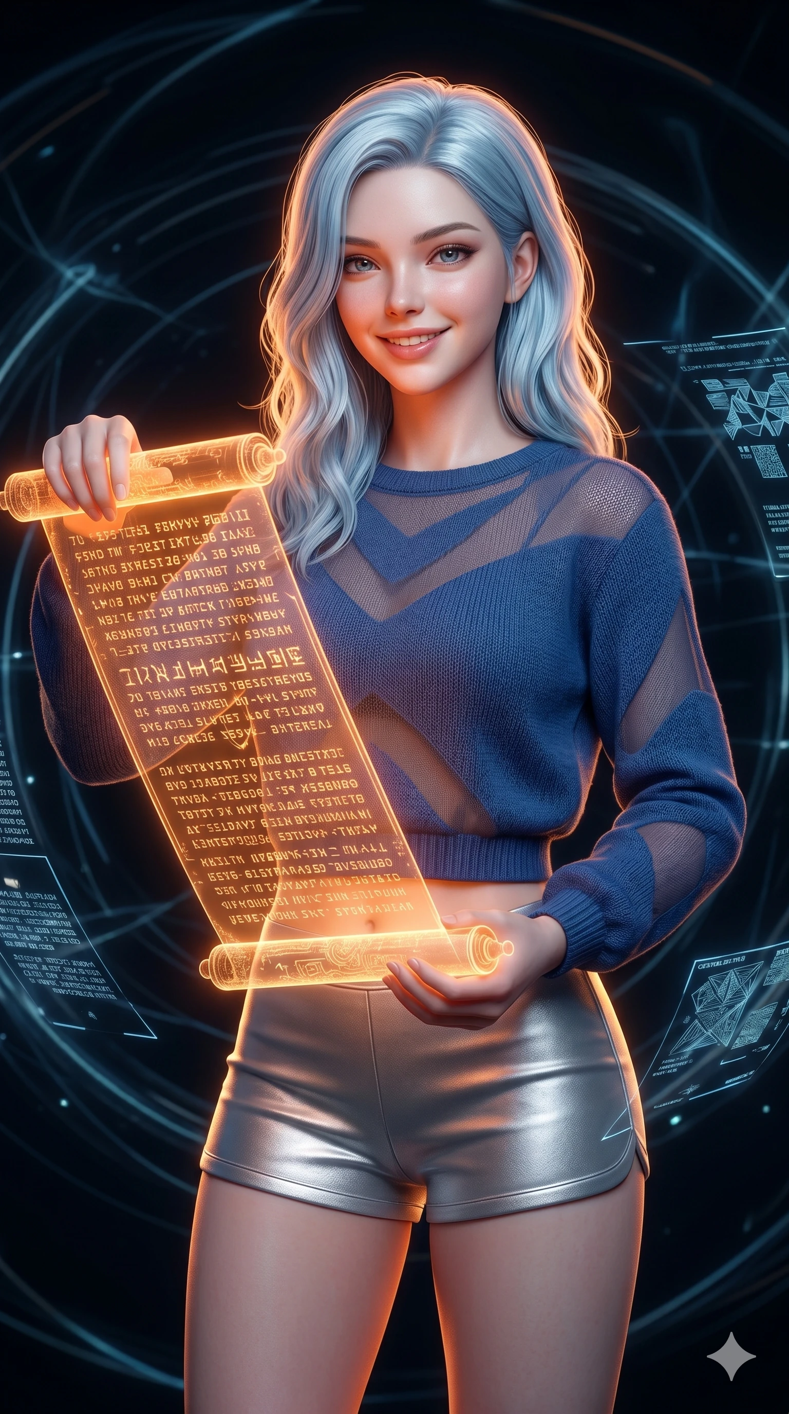 score_9, masterpiece, best quality, ultra-detailed, high-budget anime keyframe, semi-realistic 3D game render, Korean woman. Upper body close-up from the thighs up, character filling the screen for maximum presence. Inside a digital void, reading a glowing digital scroll, holding the scroll, looking towards the camera with a warm, friendly expression. She is wearing a comfortable cropped sweater with sheer panels and silver shorts. The scene is lit by the warm orange glow of the digital scroll. 2k, ultra detail, master piece, 9:16 ratio