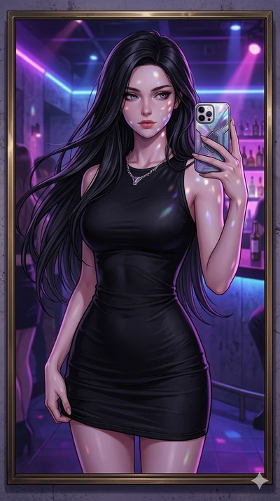 score_9, score_8_up, score_7_up, source_anime, masterpiece, best quality, ultra-detailed, same character with long flowing black hair, wearing a black bodycon mini dress, upper body close-up from thigh up filling the screen, taking a selfie in a mirr