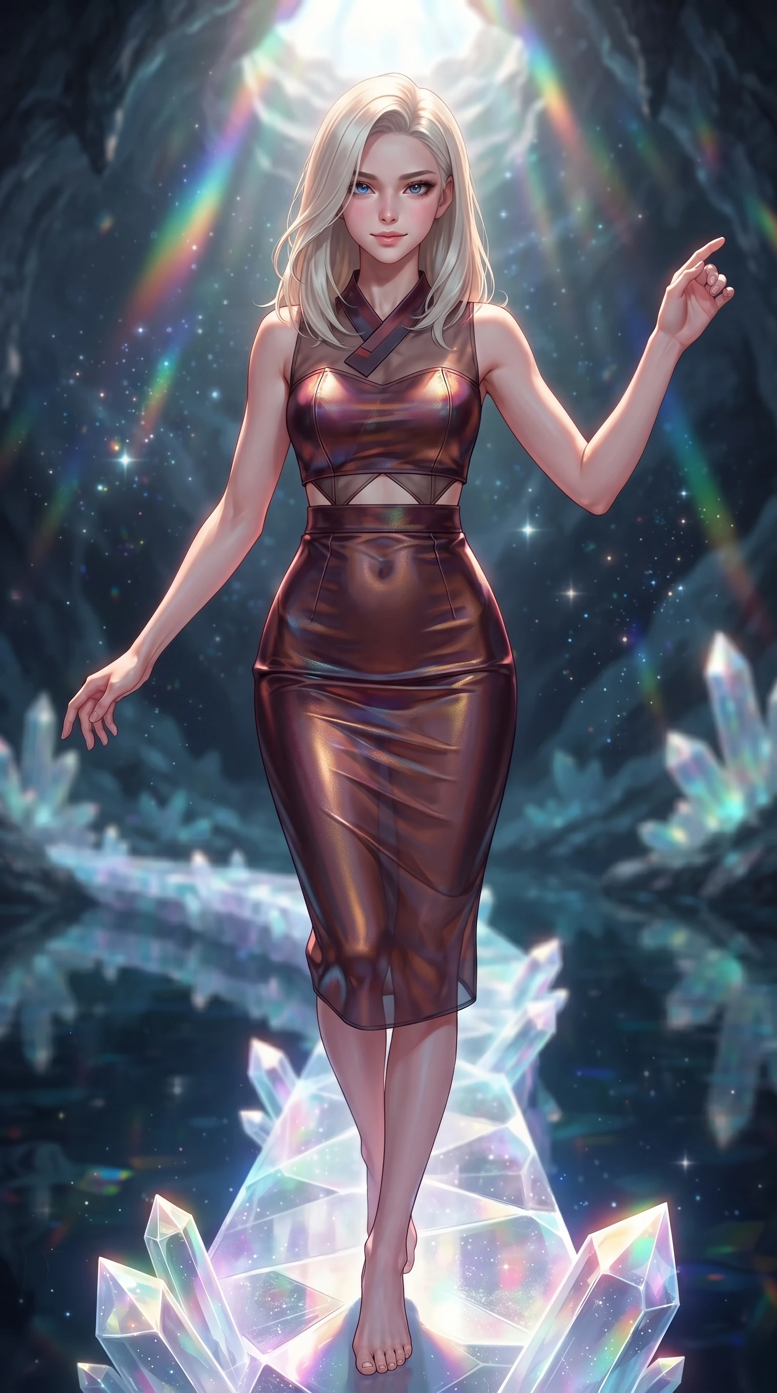 score_9, masterpiece, best quality, ultra-detailed, high-budget anime keyframe, editorial fashion photography, tasteful artistic composition, Caucasian woman. close-up cowboy shot from the waist and thighs up, the character dominates the composition, filling the frame with her large presence, background elements kept in soft focus. Smiling with quiet, magnetic self-assurance directly into the lens stepping along a glowing quartz crystal bridge over a subterranean mirror lake, glowing mineral dust shimmering like stars in the quiet cavern air. She has an exceptionally elegant, slender, and willowy female figure with an ultra-slim waist, a gracefully sculpted slender torso, and a refined silhouette. sharp v-shaped jawline, high-bridge nose, intricate jewel-like eyes with depth, thick eyelashes, glossy lips with a natural sheen. wearing a modern fusion silk hanbok dress with a structured bodice in deep burgundy and bronze, woven from fine semi-opaque sheer organza, featuring subtle geometric cutouts that highlight her ultra-slim midriff, the glove-like fit emphasizing her statuesque silhouette. bathed in brilliant prismatic light filtering from a natural cavern skylight. ultra-reflective glossy finish, specular highlights, metallic sheen, high-contrast stereoscopic depth, volumetric dynamic lighting, 2k, ultra detail, master piece, 9:16 ratio