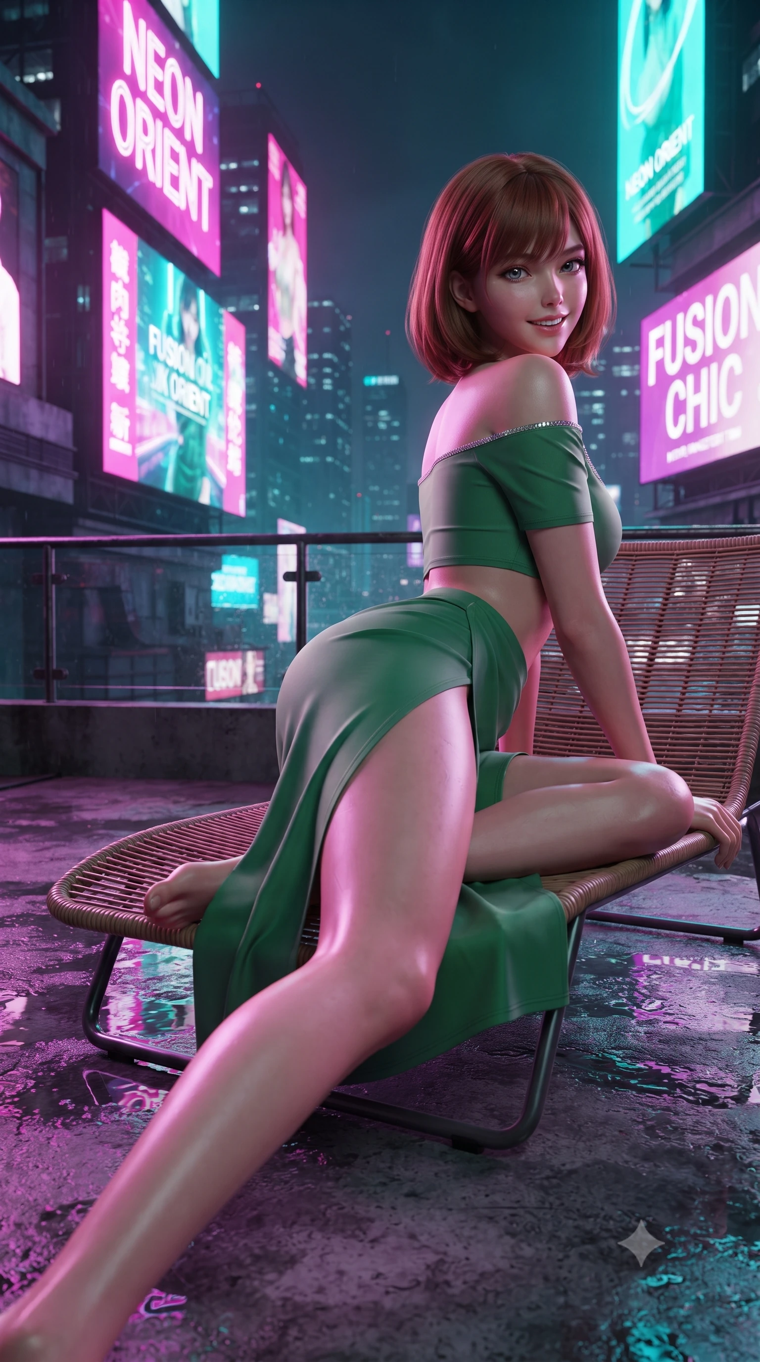 score_9, masterpiece, best quality, ultra-detailed, high-budget anime keyframe, editorial fashion photography, tasteful artistic composition, Caucasian woman. close-up cowboy shot from the waist and thighs up, the character dominates the composition, filling the frame with her large presence. posing in an alluring rear three-quarter angle, turning over a bare shoulder with an intoxicating gaze, her hips cocked back to highlight her slim hourglass curve while lounging in a modernist low rattan lounge with legs extended, her high-slit modern fusion gown glowing under colossal skyscraper billboards. The surrounding environment is rendered in vivid detail and crisp panoramic clarity: sharp neon glass tube filaments, wet concrete roof textures, and iron railing bolts in deep focus. She has an exceptionally elegant, slender, and willowy female figure with an ultra-slim waist, flat toned midriff, narrow ribcage, and sculpted feminine hips creating an alluring, slim hourglass silhouette without bulk. sharp v-shaped jawline, high-bridge nose, intricate jewel-like dark sparkling almond eyes with depth, thick lashes, glossy parted lips with a natural rose-plum sheen, bright alluring and coquettish smile with bedroom-eyes, exuding both timeless oriental elegance and sovereign high-fashion allure, flawlessly proportioned anatomical accuracy, strict slender model proportions, natural body alignment, perfectly sculpted long slender limbs, ultra-slim waistline, clean dynamic posture without body distortion. wearing a modern two-piece fusion set with an off-shoulder crop blouse and high-slit wrap skirt tracing her curvaceous hips in fresh bamboo emerald and soft oatmeal cream, made of supple second-skin stretch silk jersey clinging flawlessly to her form, finished with subtle crystal rhinestones tracing the elegant neckline, the high-waisted wrap tailoring accentuating her ultra-slim waistline and the enchanting curve of her feminine hips with alluring oriental charm. bathed in intense, high-contrast neon magenta and electric turquoise underlights bouncing off wet surfaces. ultra-reflective glossy finish, specular highlights, rich textural contrasts, high-contrast stereoscopic depth, volumetric dynamic lighting, 2k, ultra detail, master piece, 9:16 ratio